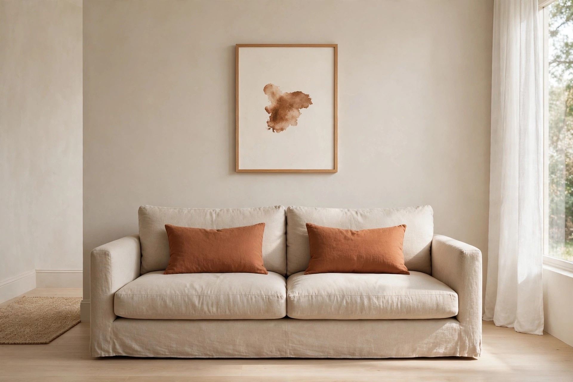 Beige sofa with two rust cushions below a framed abstract print with a small rust wash shape on a beige wall