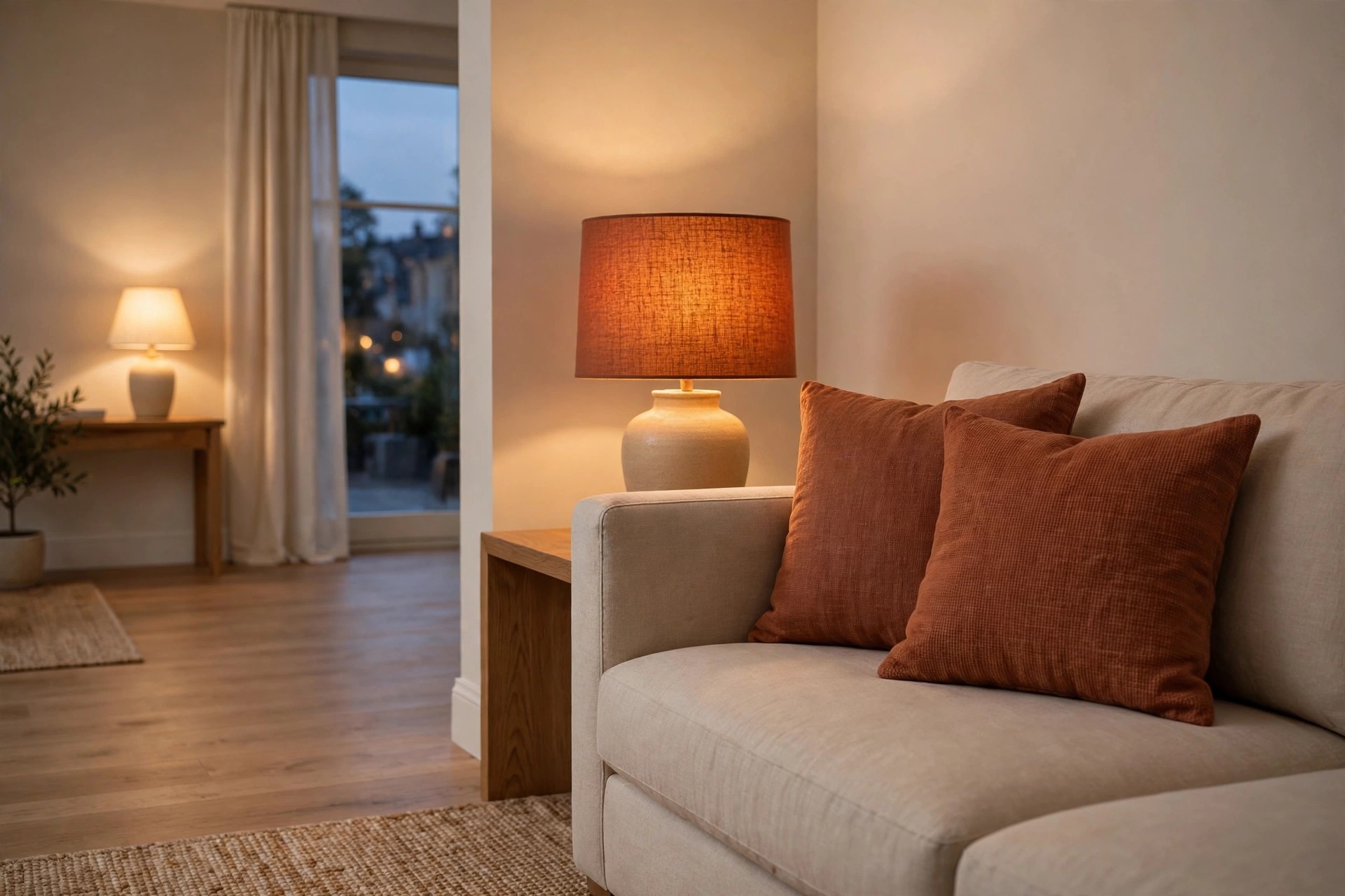 Beige sofa with rust cushions beside a lit table lamp with a rust shade at dusk, with a cream shaded lamp behind