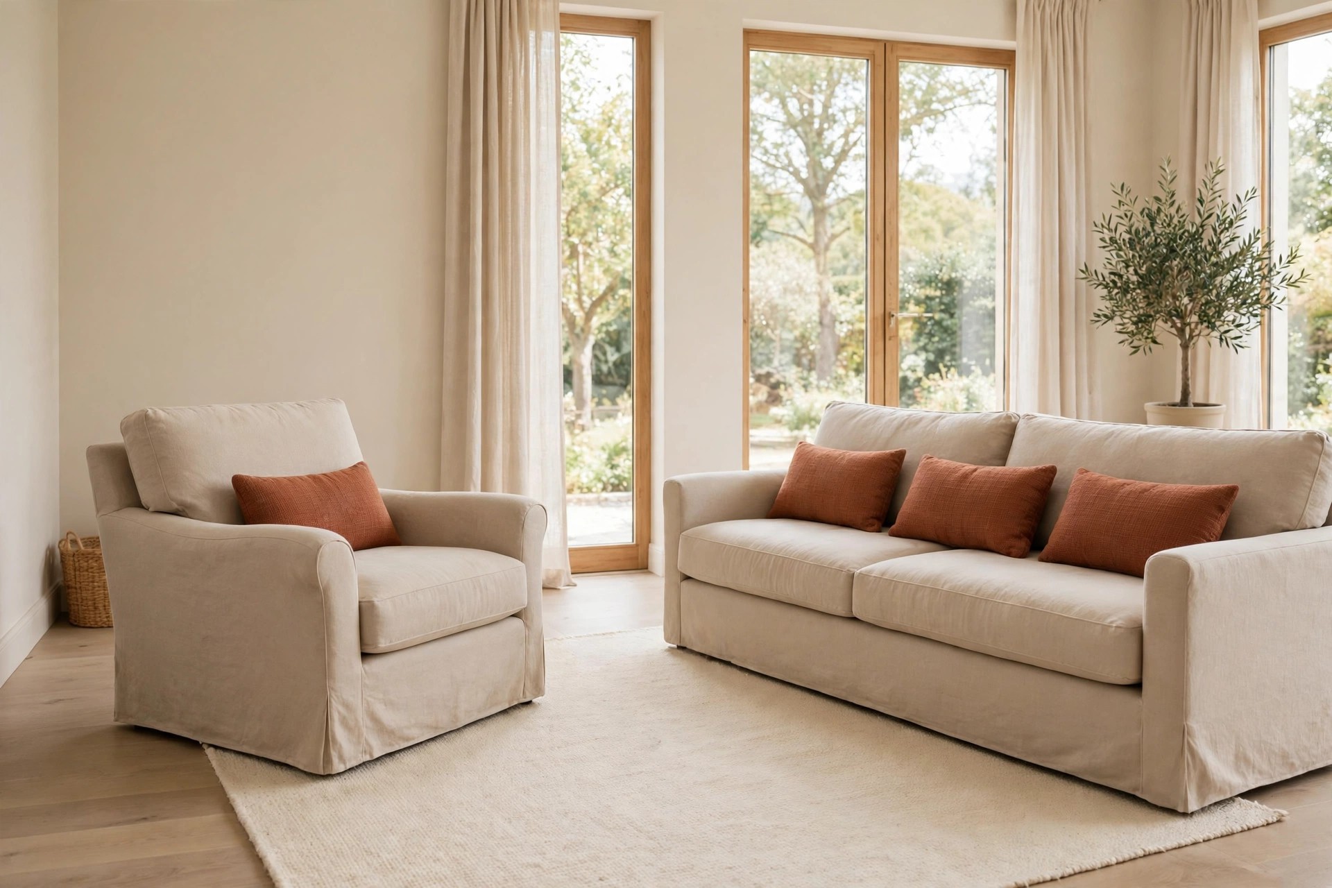 Beige armchair with one rust lumbar cushion angled toward a beige sofa with rust cushions across a cream rug