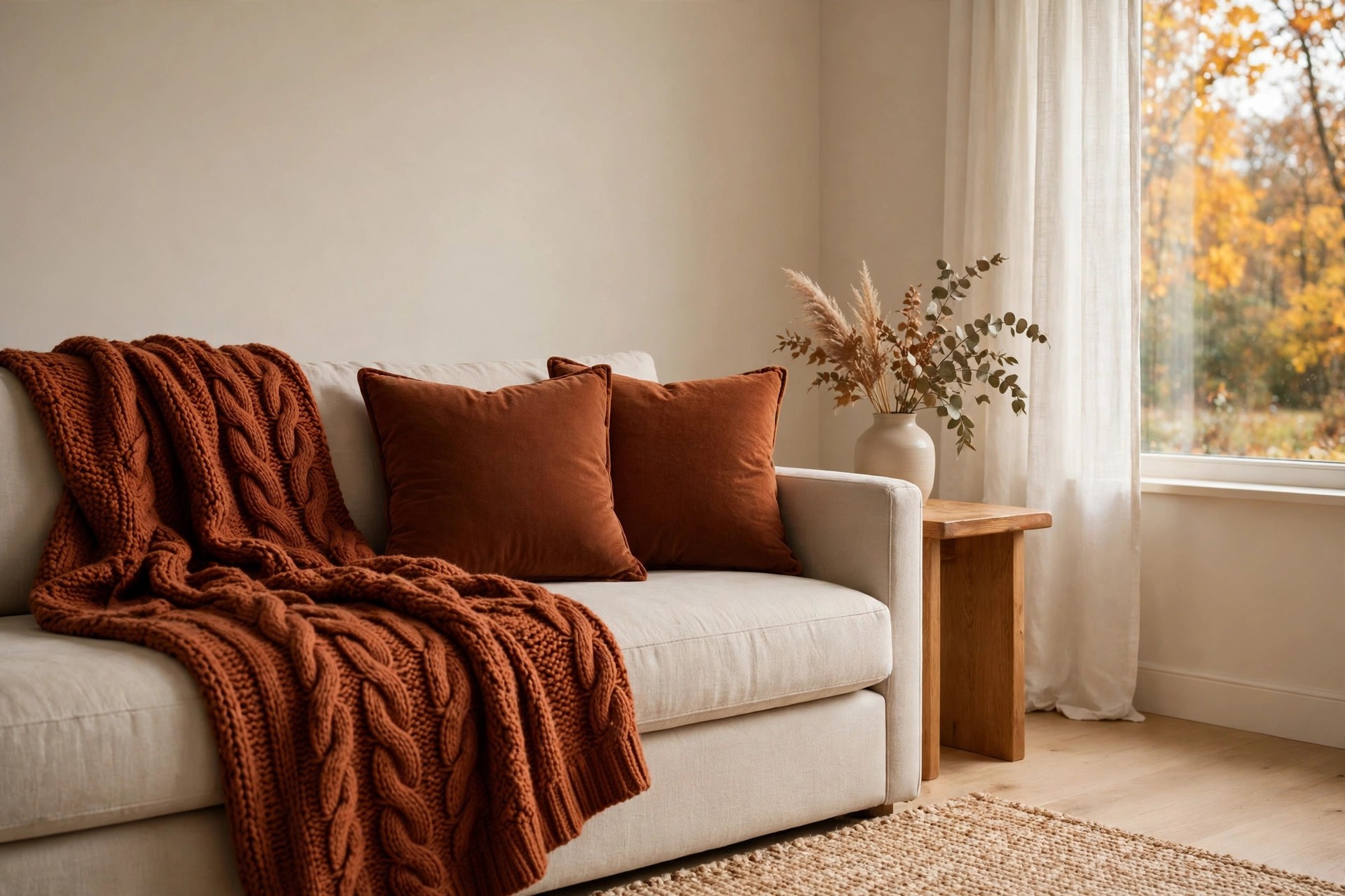 Beige sofa with deep rust cushions and a heavy cable knit rust throw beside a window with autumn trees outside