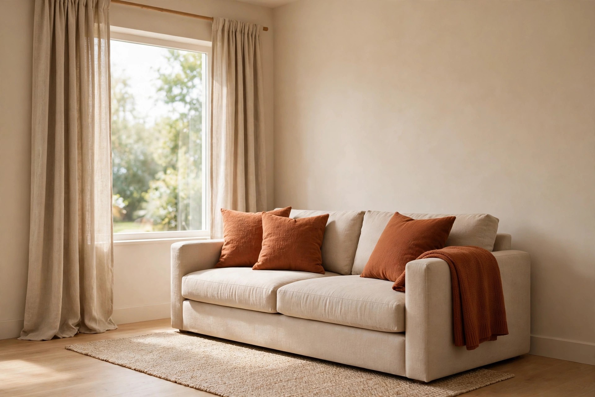 Beige sofa with rust cushions and a rust throw against plain beige walls and beige curtains, with rust only on the soft layers