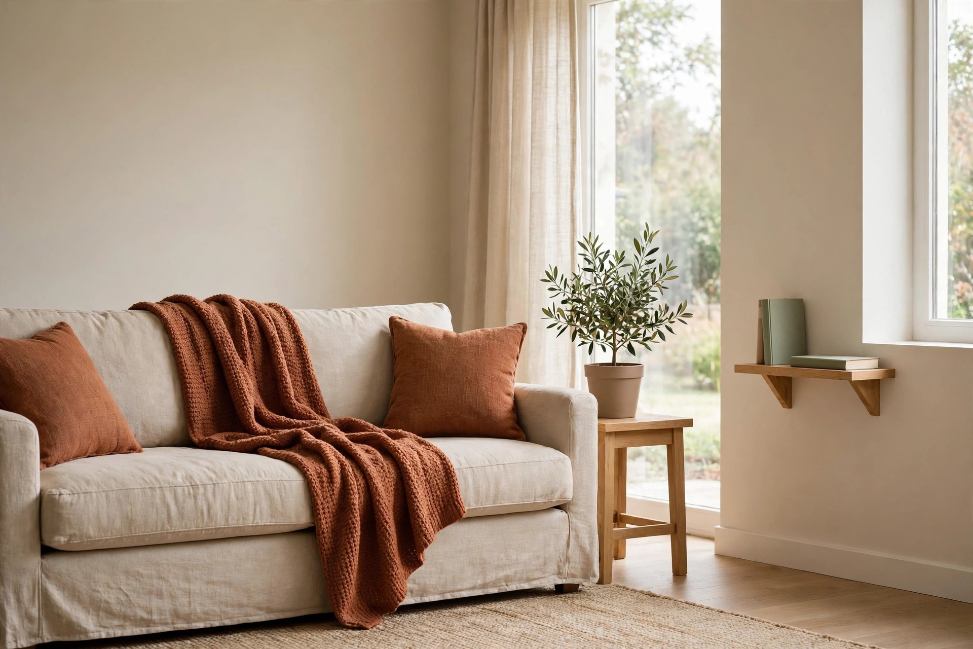Beige sofa with rust cushions and a rust throw beside a potted olive plant and a shelf with muted green books