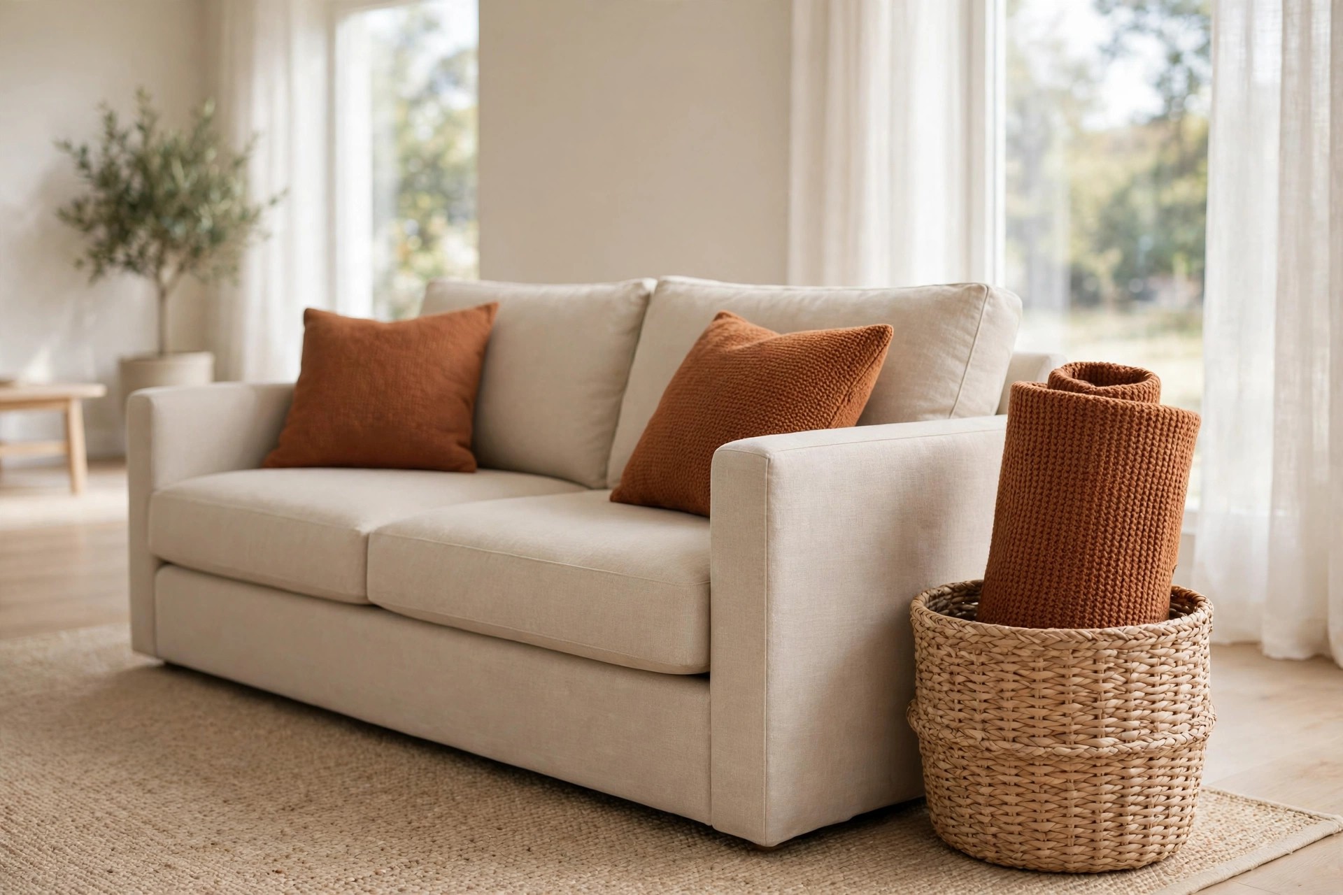 Beige sofa with rust cushions beside a woven basket holding a rolled rust throw standing on end