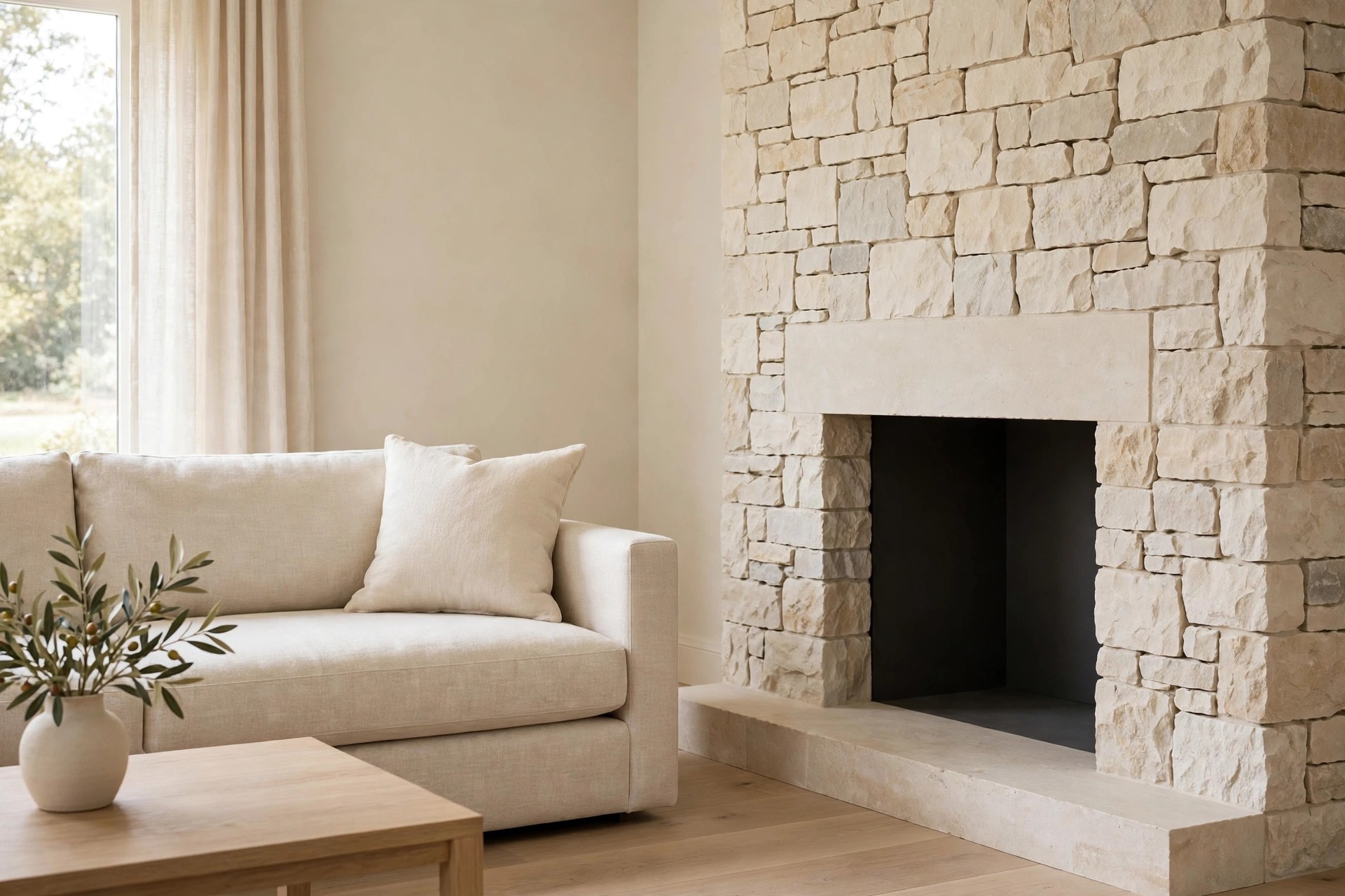 Beige sofa with a cream cushion beside a pale natural stone fireplace whose lightest stones match the sofa tone
