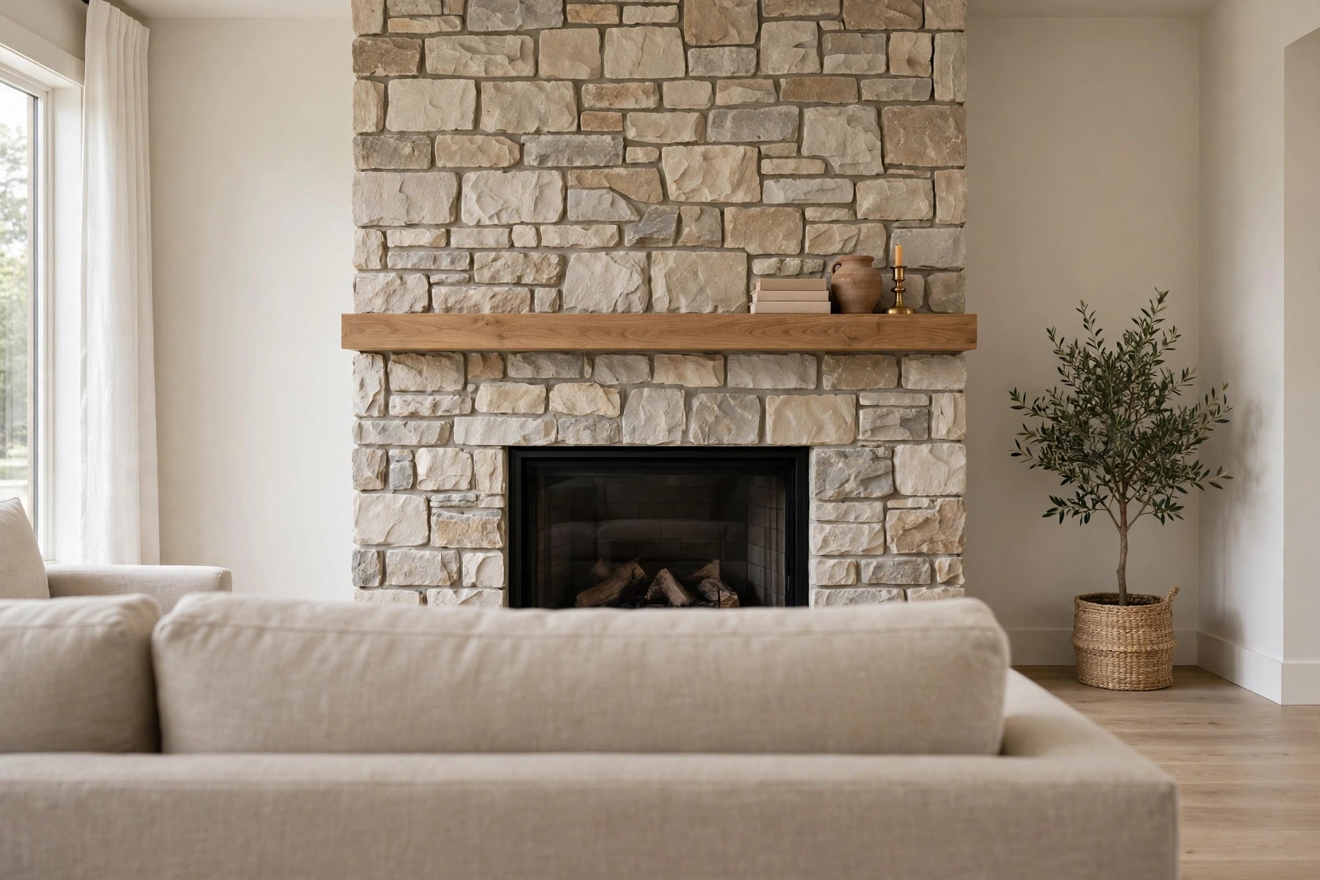 Beige books, a clay pot and a brass candle holder grouped at one end of a wooden mantel on a stone fireplace, with a beige sofa back in front