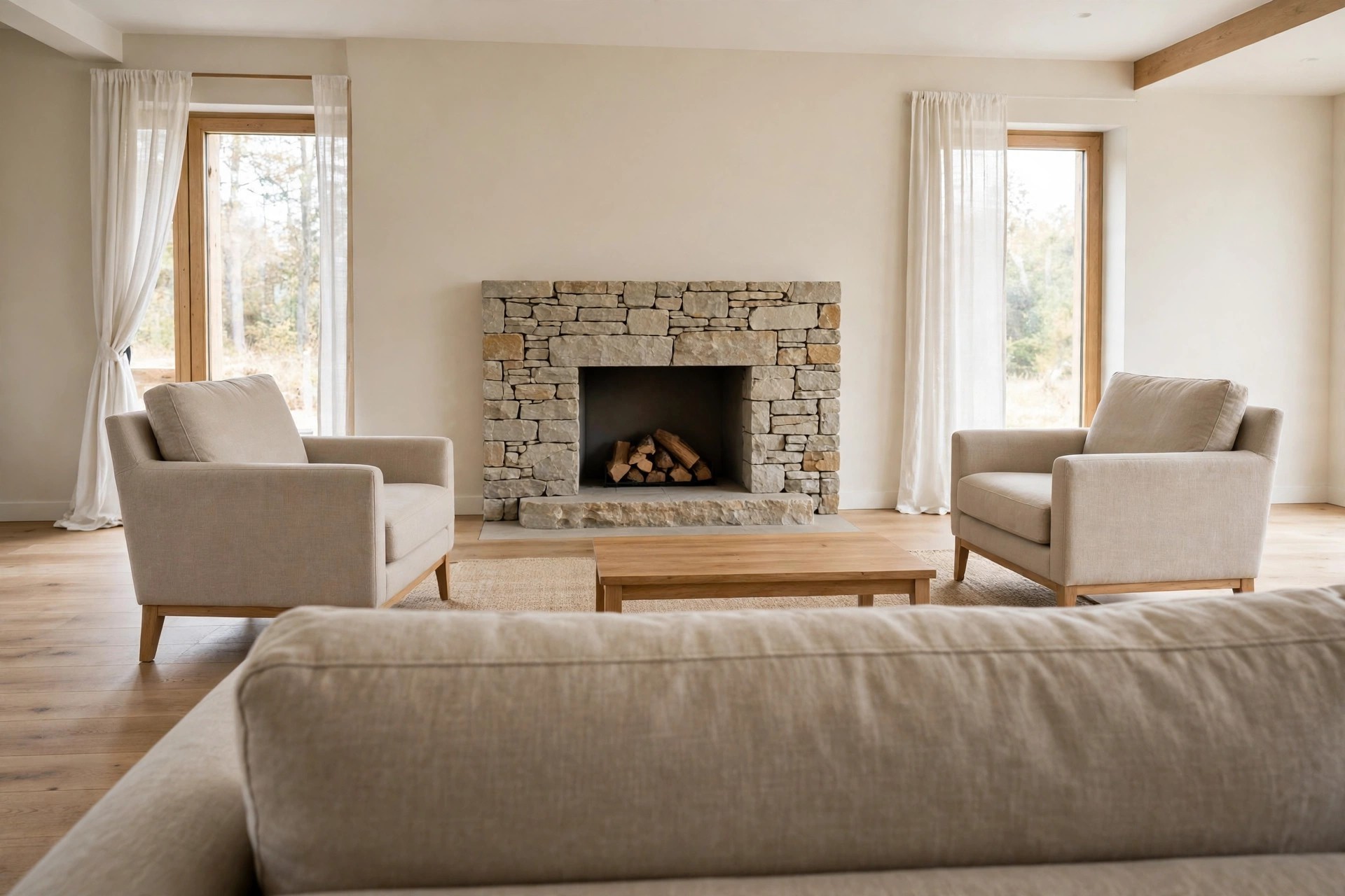 Back of a beige sofa facing a stone fireplace, with two beige armchairs angled in at the sides and a wood coffee table on a beige rug