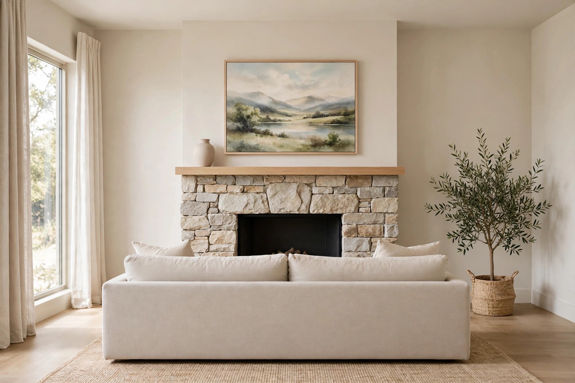 Large soft landscape painting in a light wood frame above the mantel of a stone fireplace, with a beige sofa below