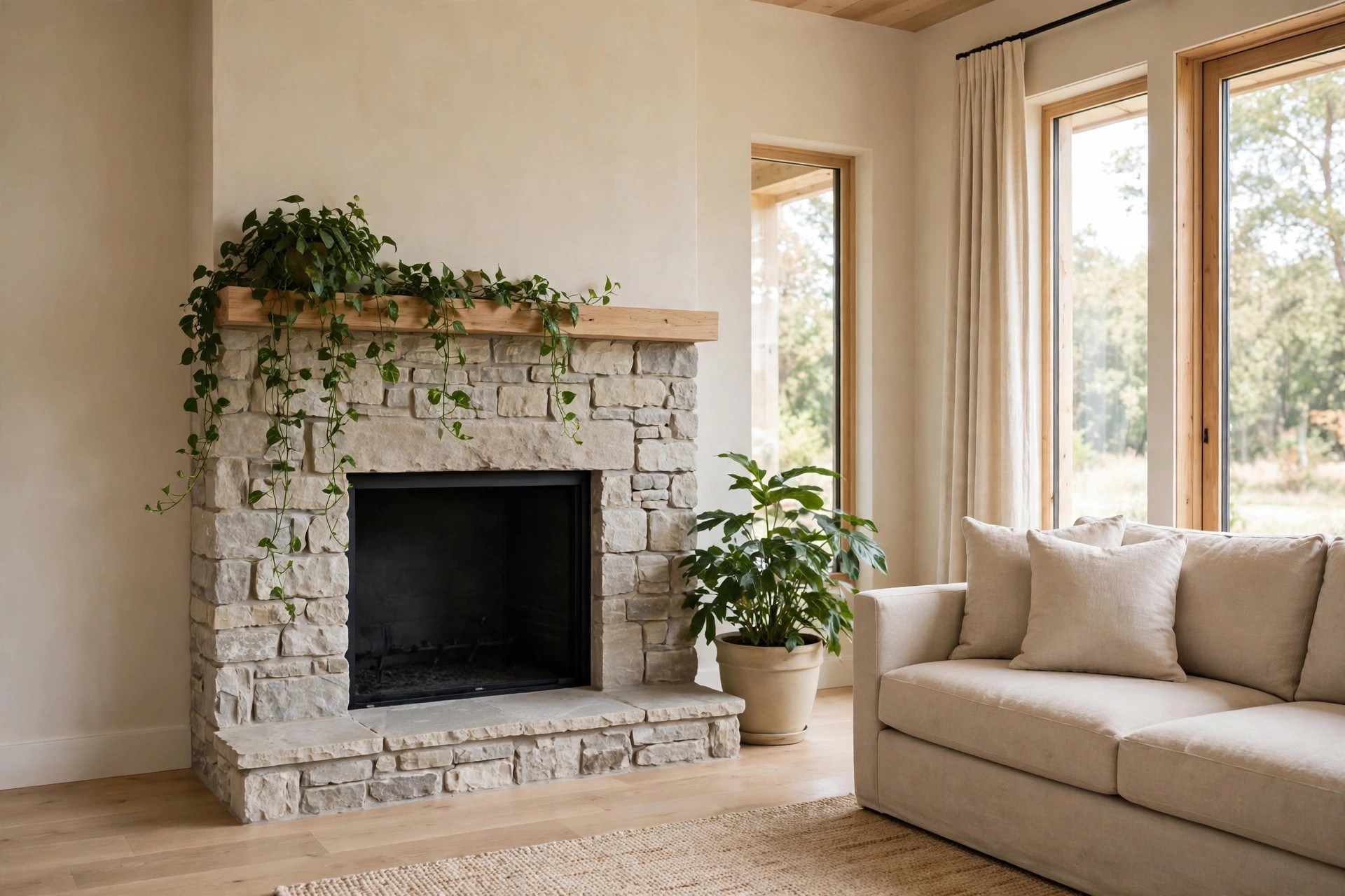Trailing green plant on the mantel of a stone fireplace and a large potted plant in a beige clay pot beside the hearth, next to a beige sofa