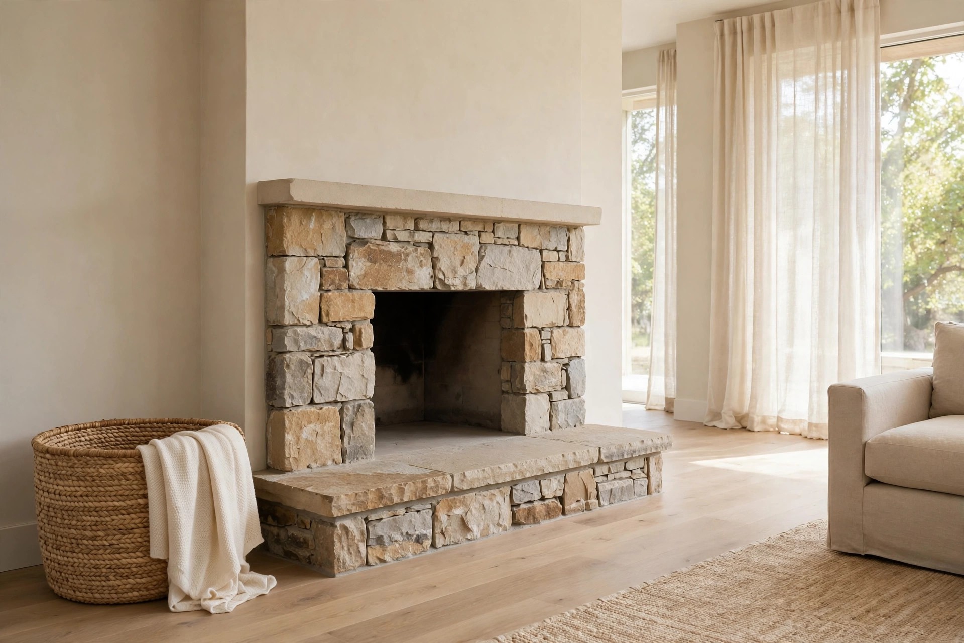 Wide woven basket with a cream throw draped over its edge beside a stone fireplace hearth, with a beige sofa at the side