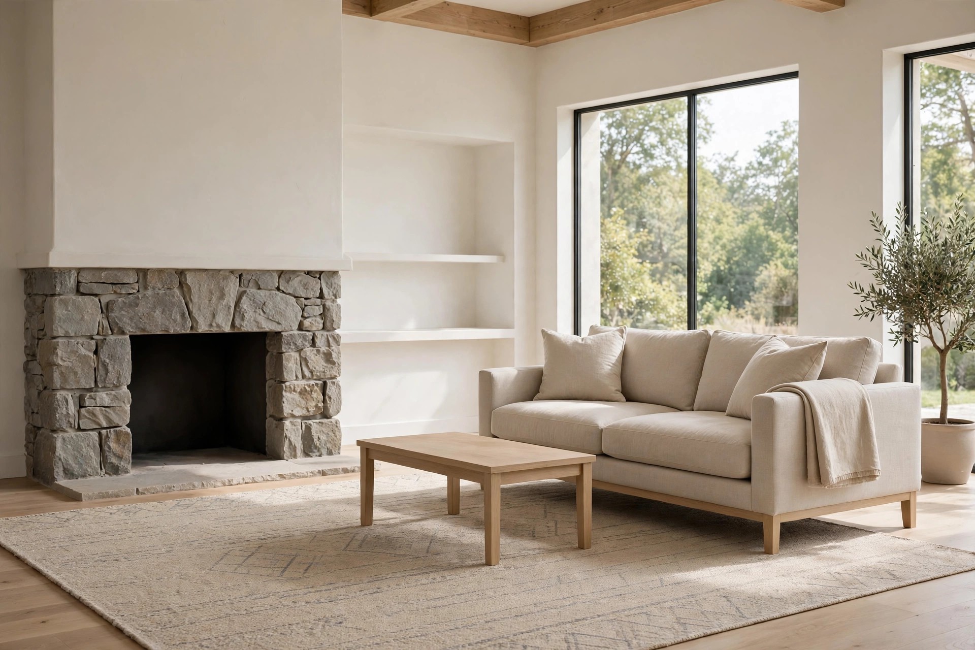Beige rug with a faint pattern running from a grey stone fireplace to a beige sofa and wood coffee table