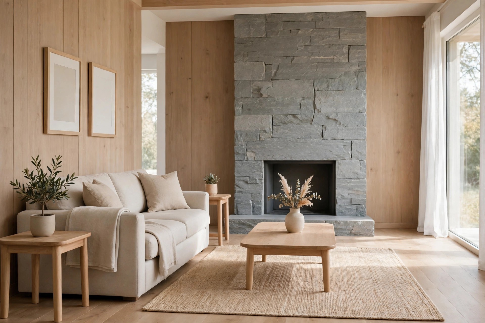 Grey stone fireplace in a room with warm wood panel walls, wooden side and coffee tables and a beige sofa
