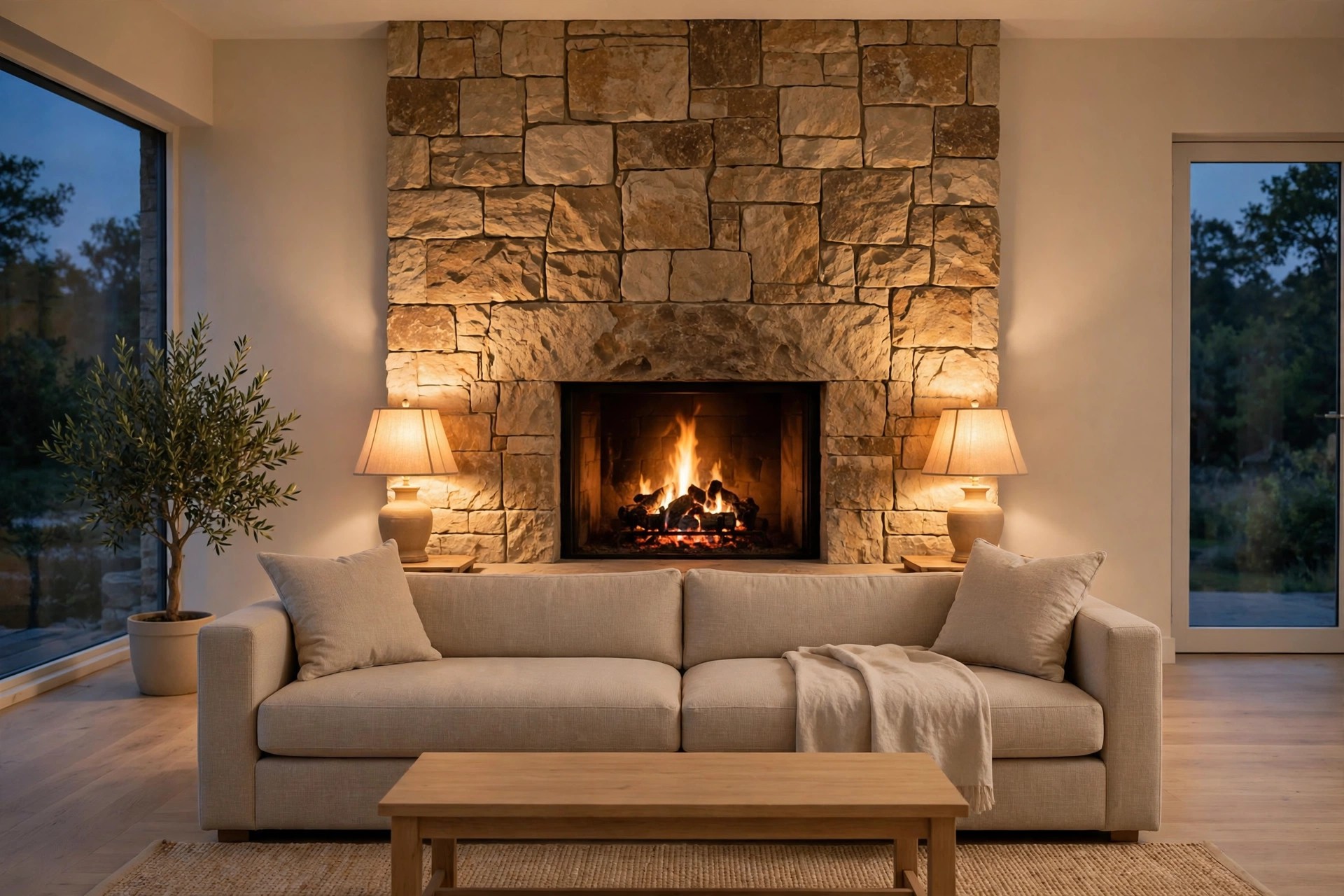 Stone fireplace with a lit fire at dusk, lit warmly by two table lamps beside a beige sofa with a throw