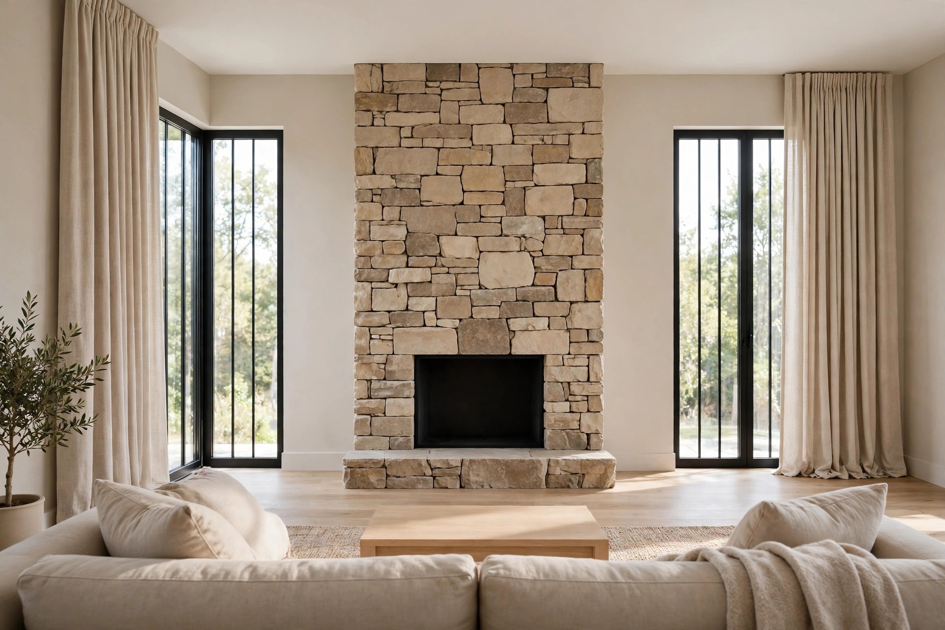 Tall stone fireplace between tall windows framed by long beige curtains, with a beige sofa in front
