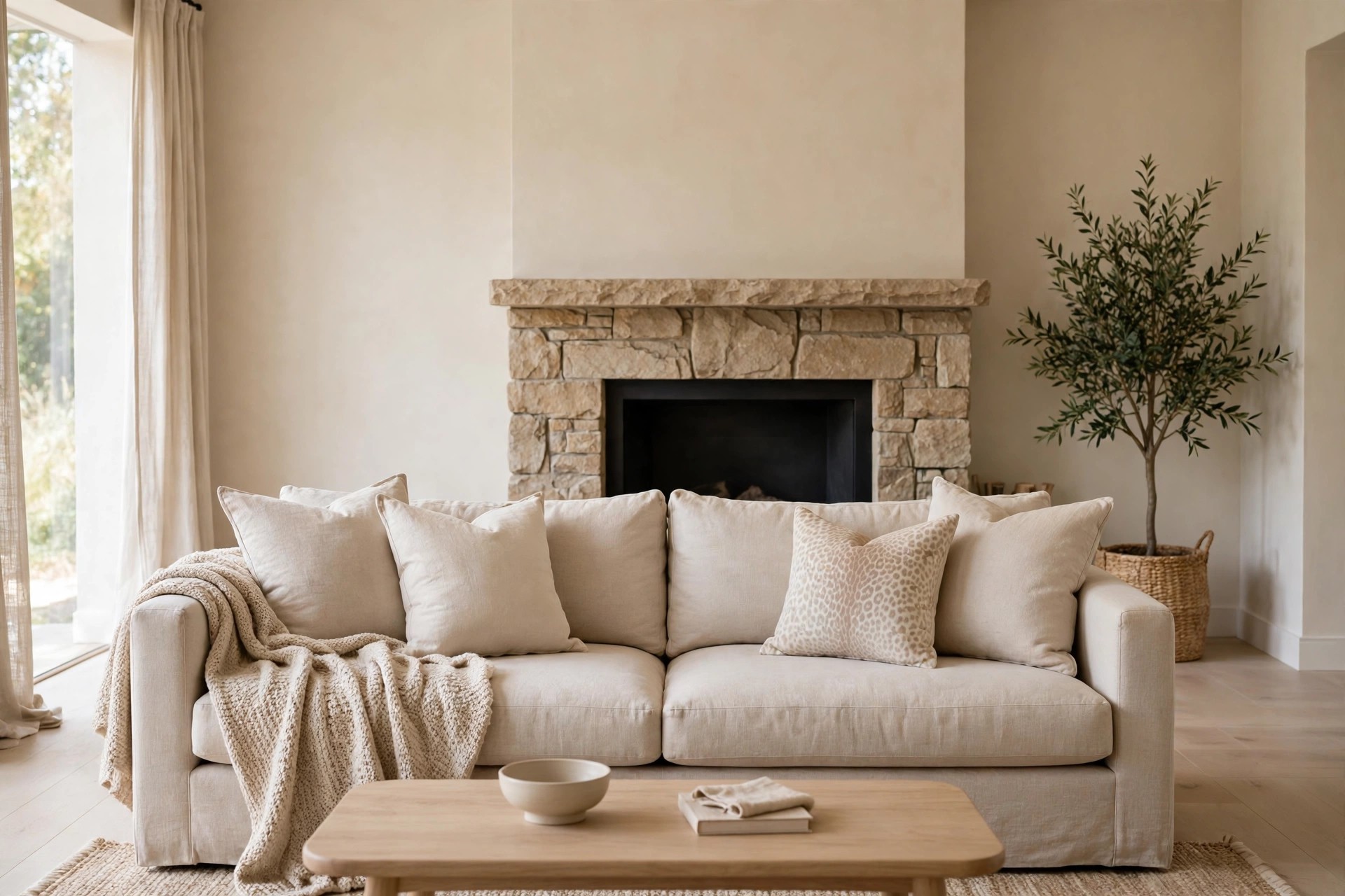 Beige sofa with one faint animal print cushion among plain beige cushions and a knit throw, in front of a stone fireplace