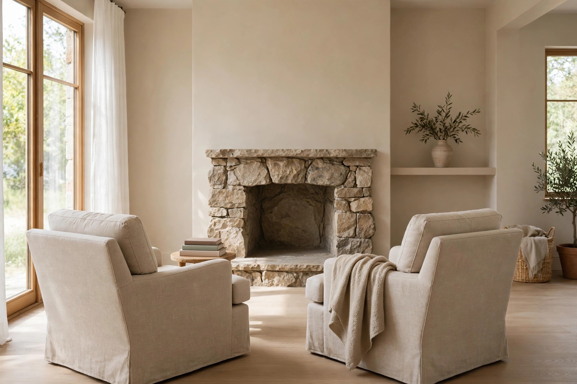 Two beige armchairs facing a stone fireplace with a small round table and books between them and a throw over one chair