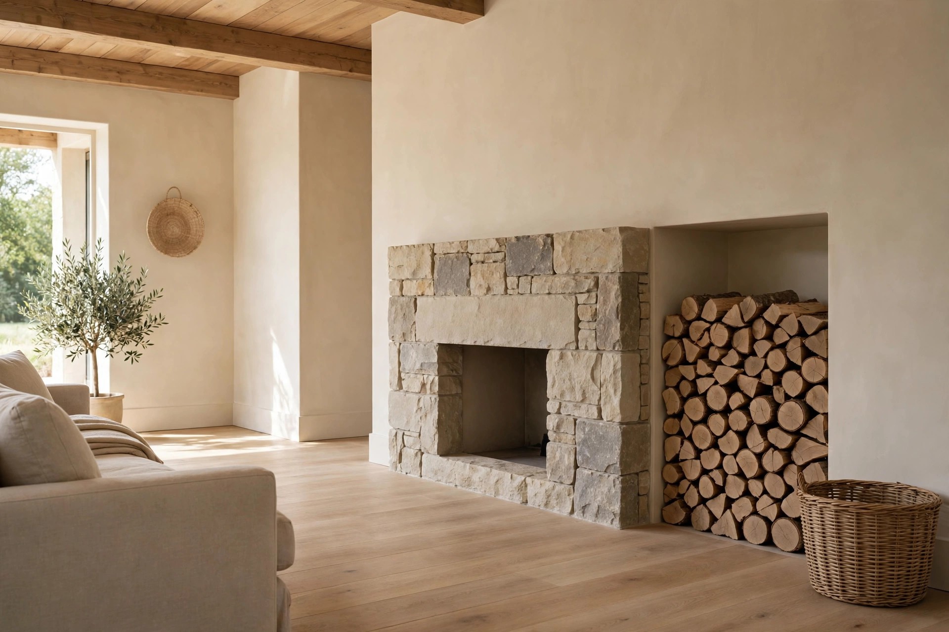 Logs stacked in neat rows with cut ends out in an alcove beside a stone fireplace, with a woven basket and beige sofa nearby