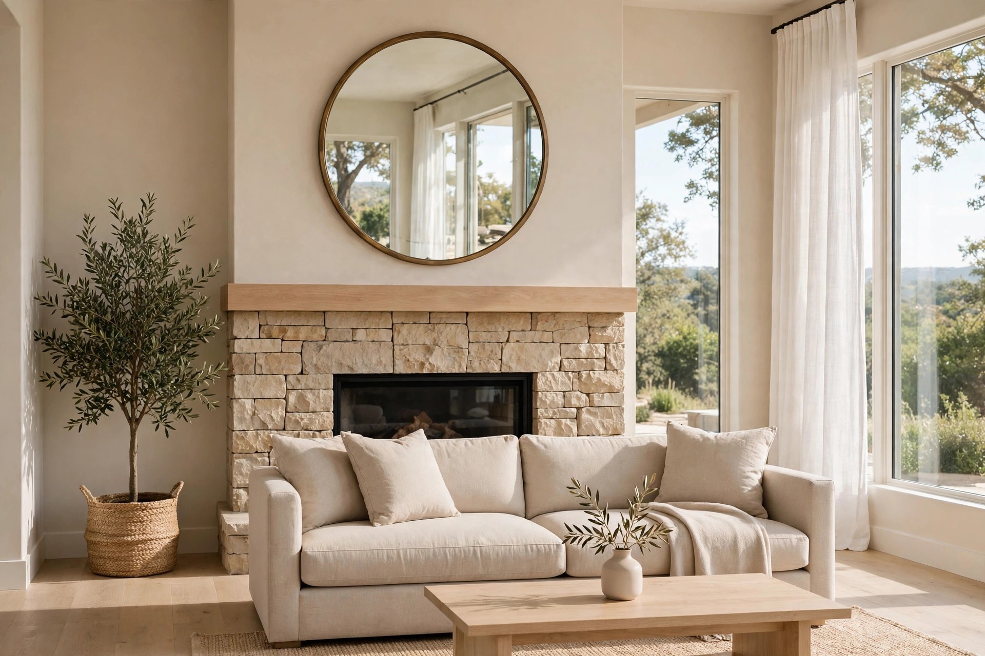 Large round mirror with a dull brass frame above the mantel of a stone fireplace, reflecting window light over a beige sofa