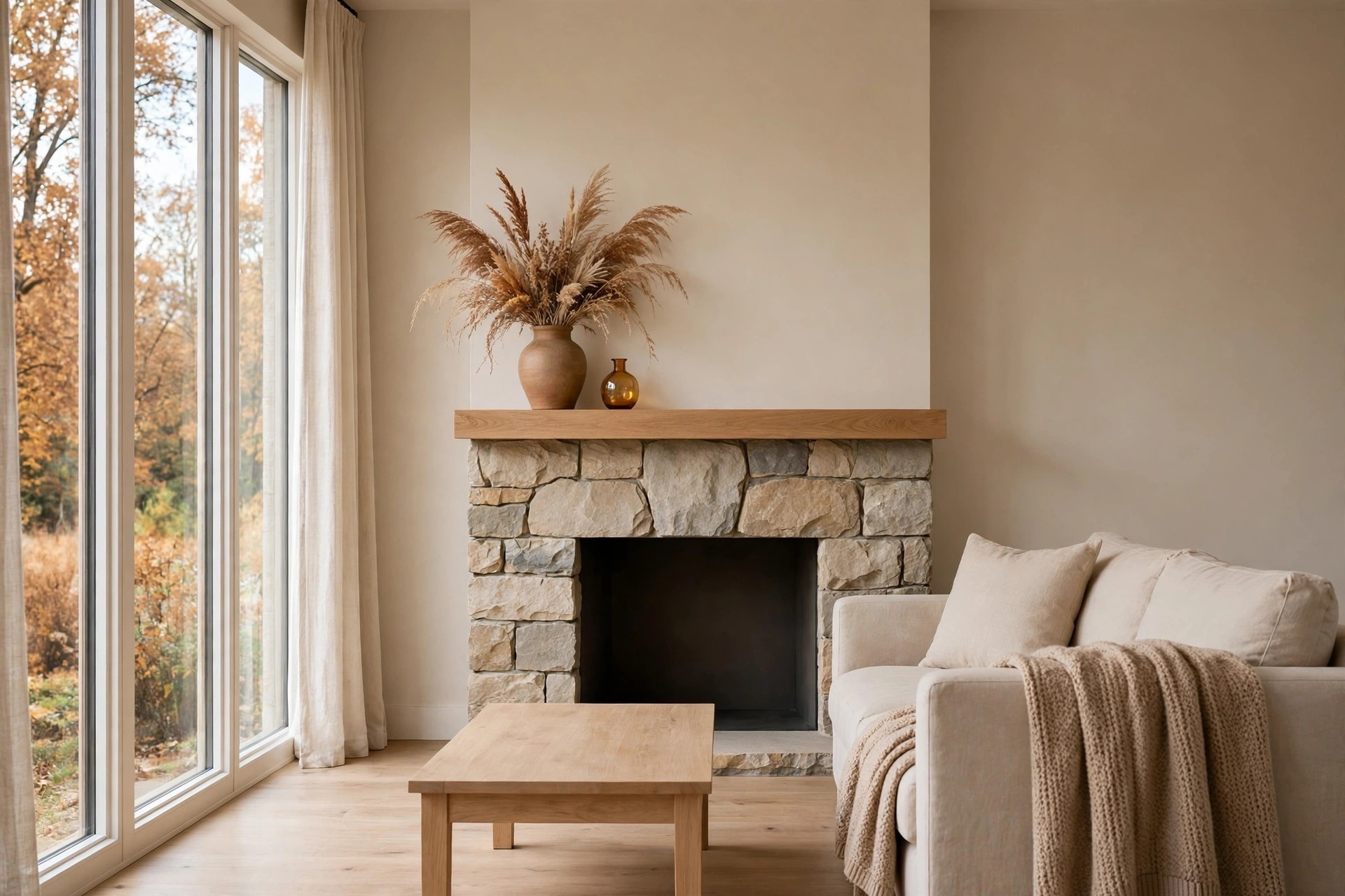 Stone fireplace mantel styled for autumn with dried grasses in a clay vase and a small amber glass vessel, beside a beige sofa with a knit throw