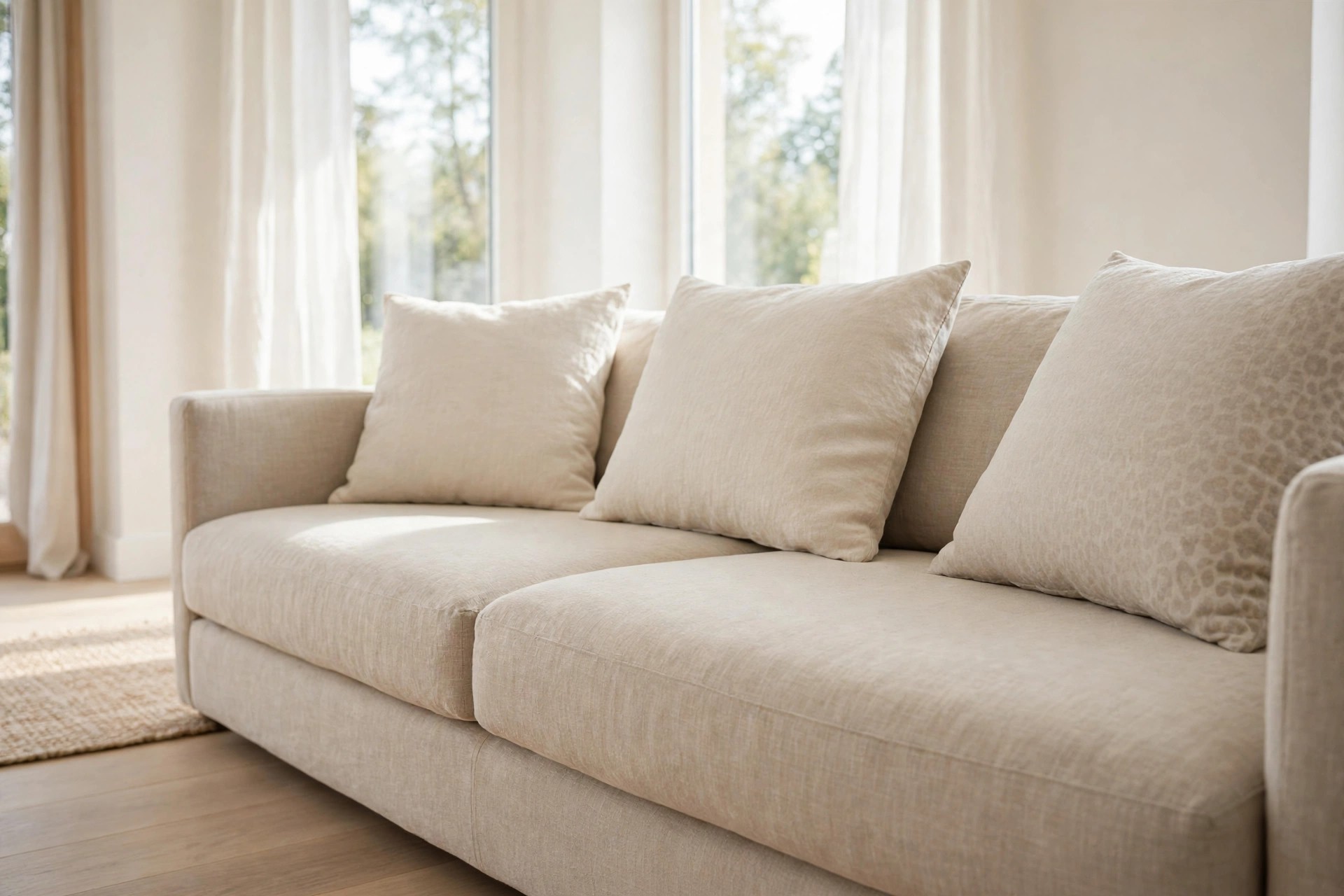 Close view of a beige linen sofa with plain cream cushions and one cushion with a very faint leopard pattern at the right end near bright windows