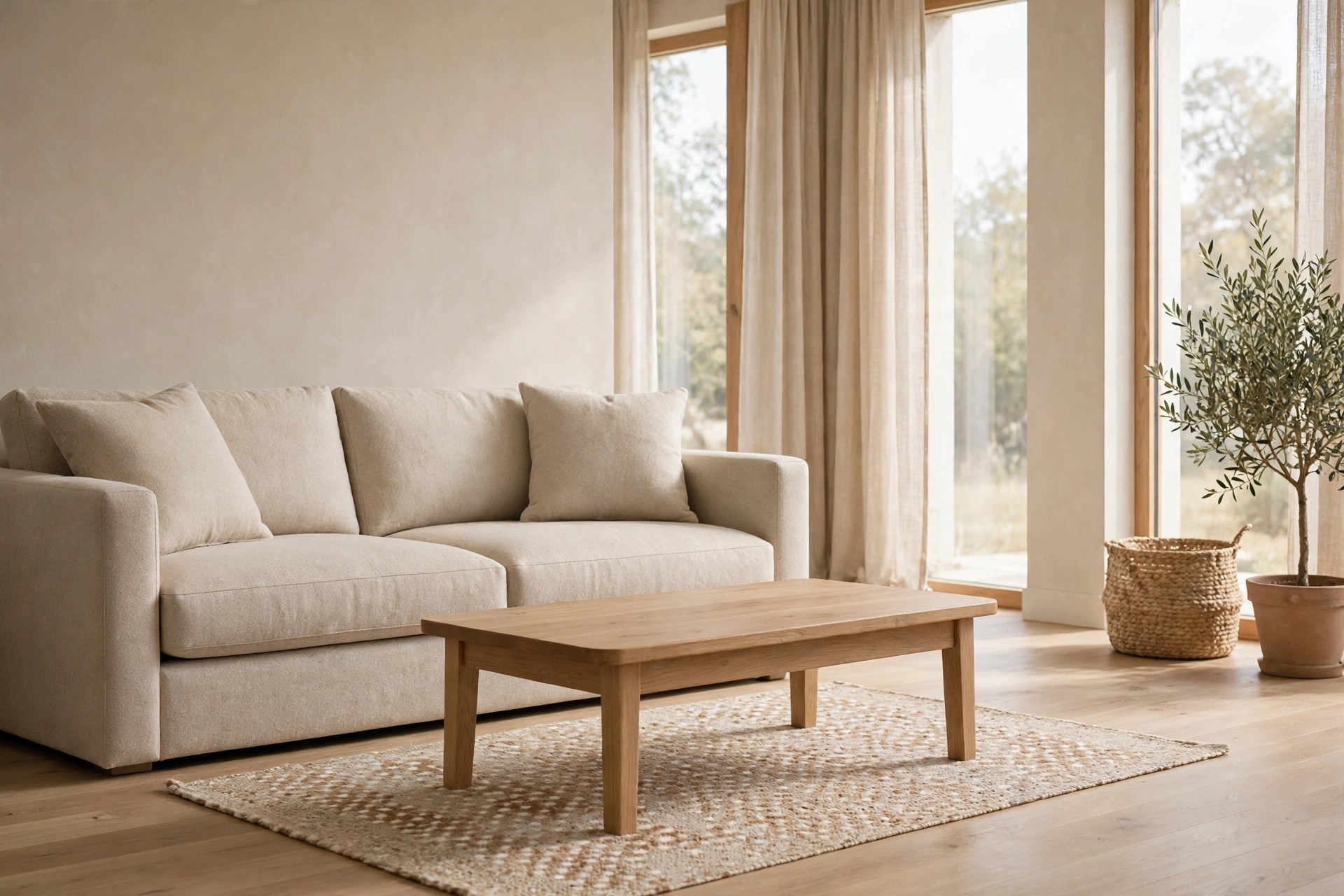 Beige sofa behind a light wood coffee table standing on a small speckled beige and cream rug, with a woven basket and a potted olive tree by tall windows