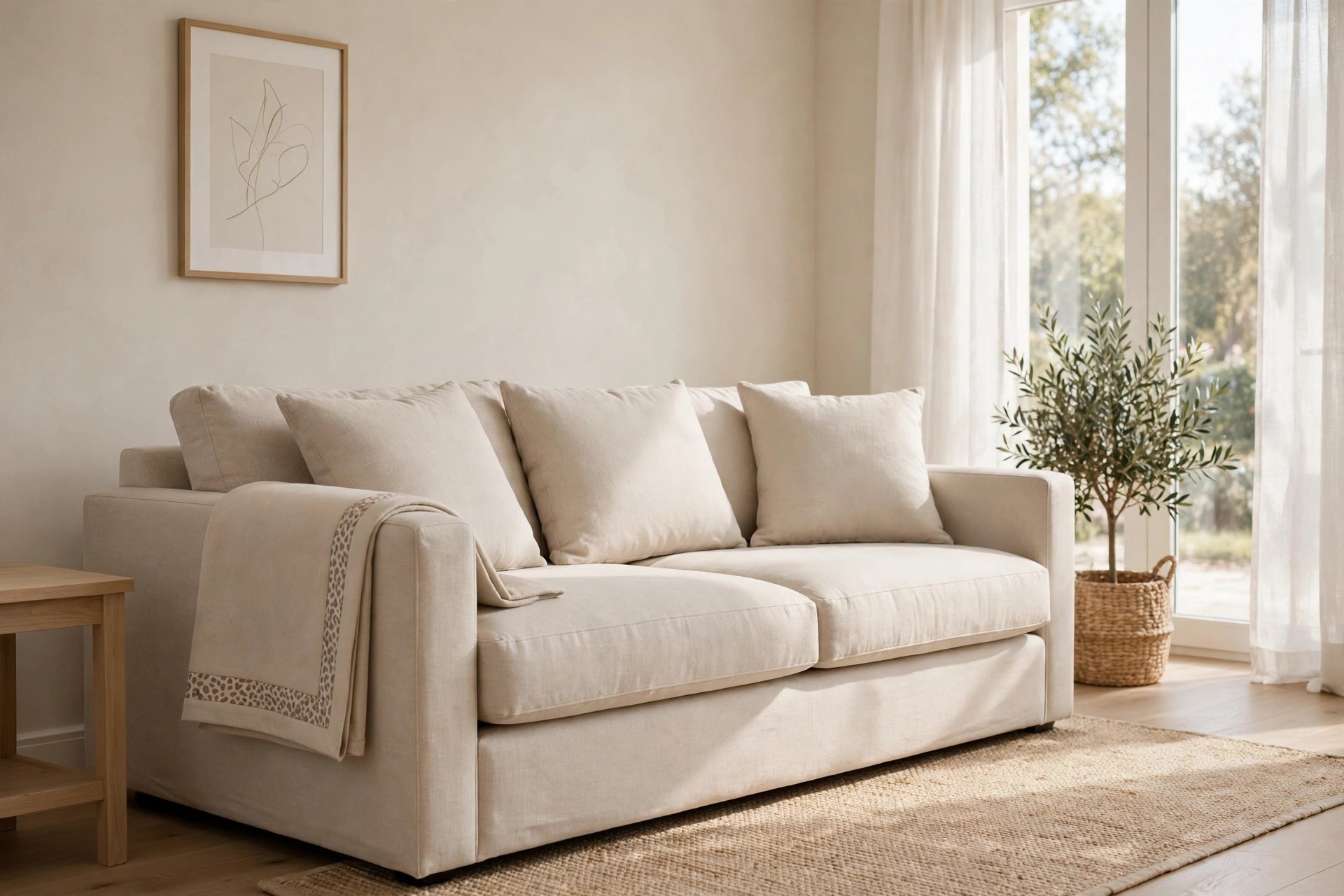 Beige sofa with plain cushions and a solid beige throw over one arm showing a subtle leopard print border along its edge, with framed line art above