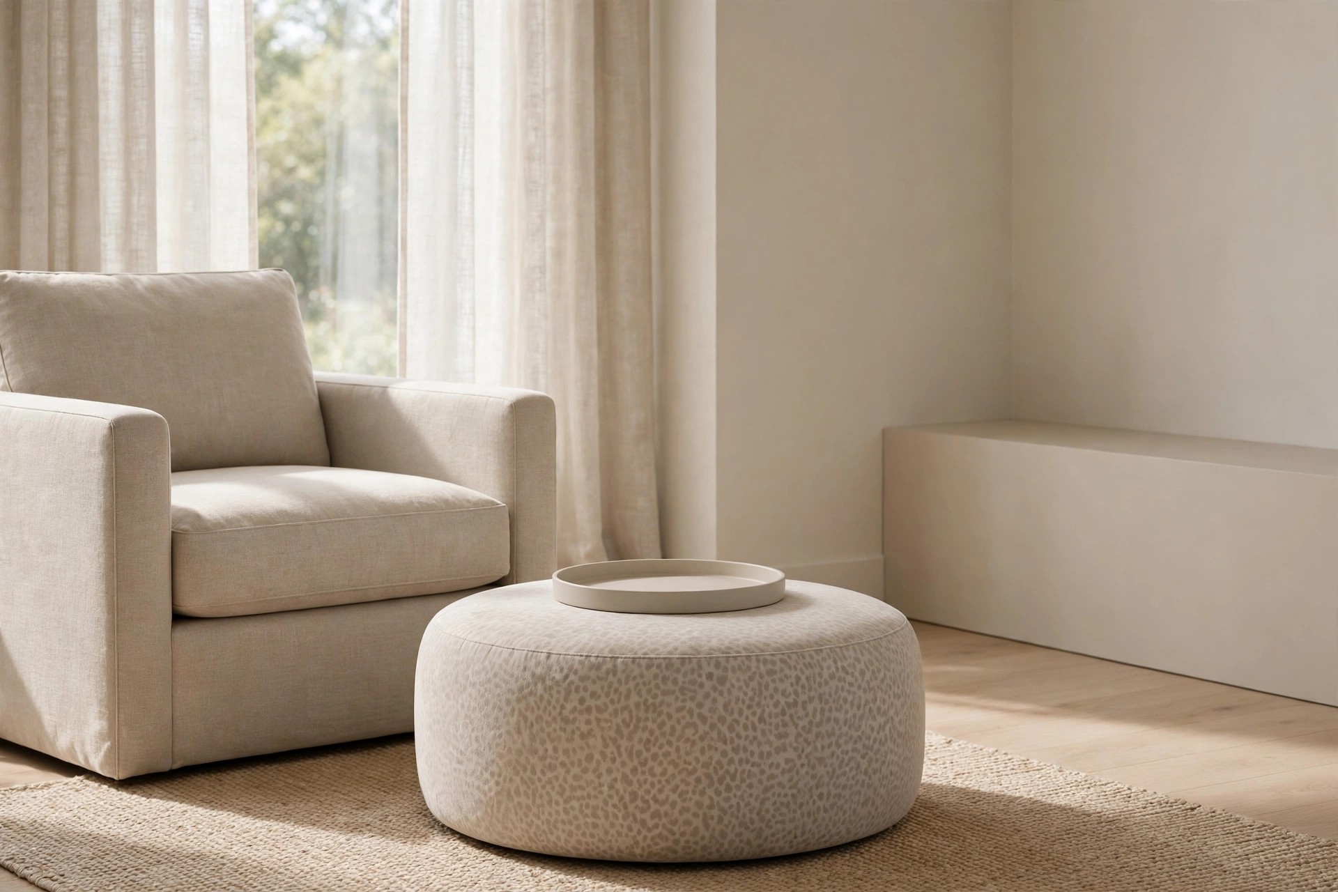 Plain beige armchair beside a large round ottoman with a faint taupe spotted pattern and a plain round tray on top, on a woven rug