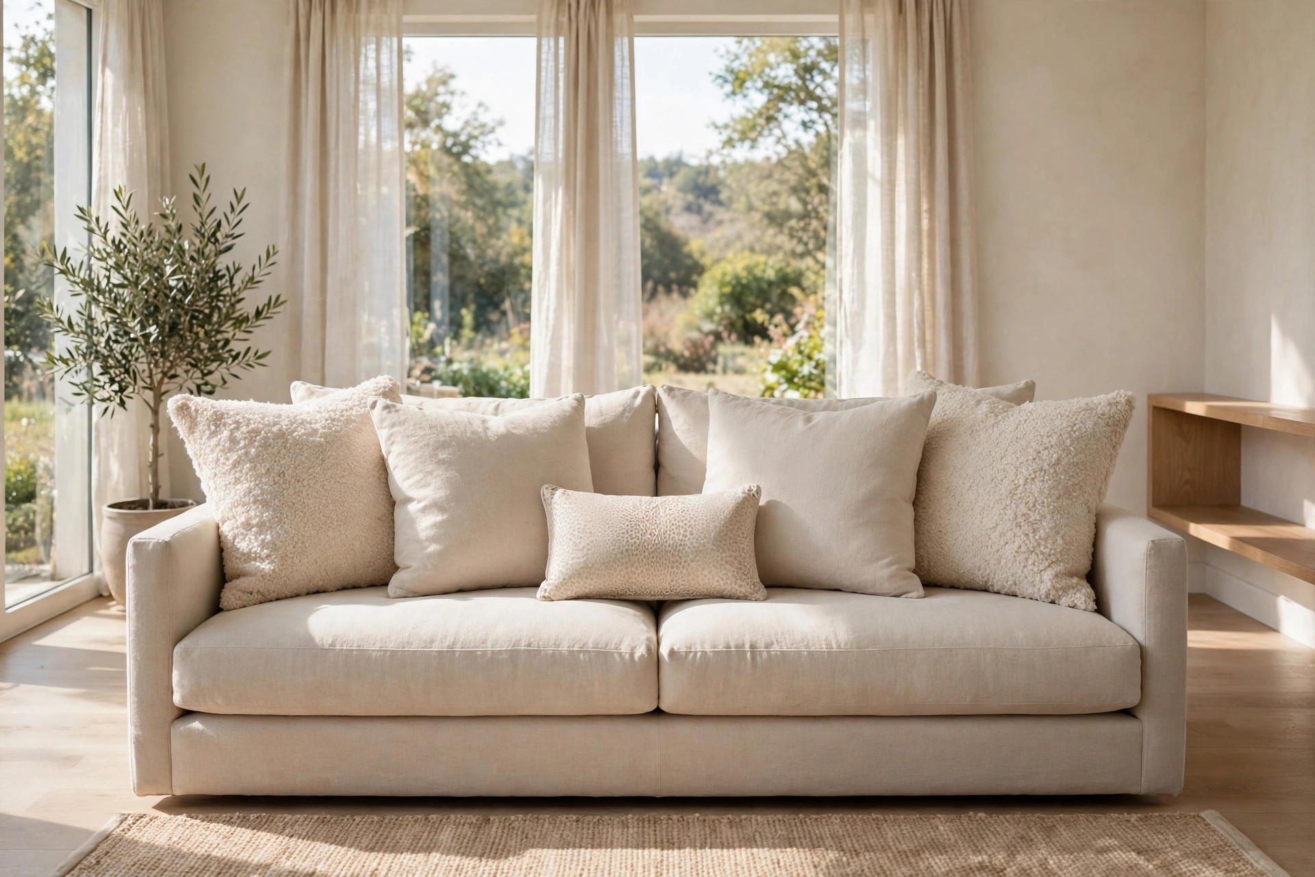 Beige sofa with large plain linen and boucle cushions and one small front cushion with a tiny faint spotted pattern, in front of tall garden windows