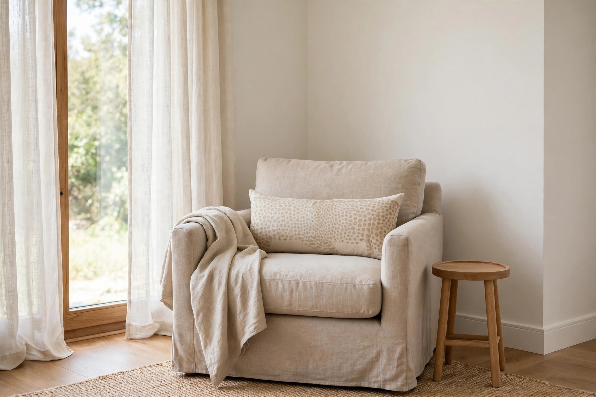 Beige armchair in a bright corner with a long lumbar cushion with soft faded spots, a plain throw over one arm, and a small wood side stool