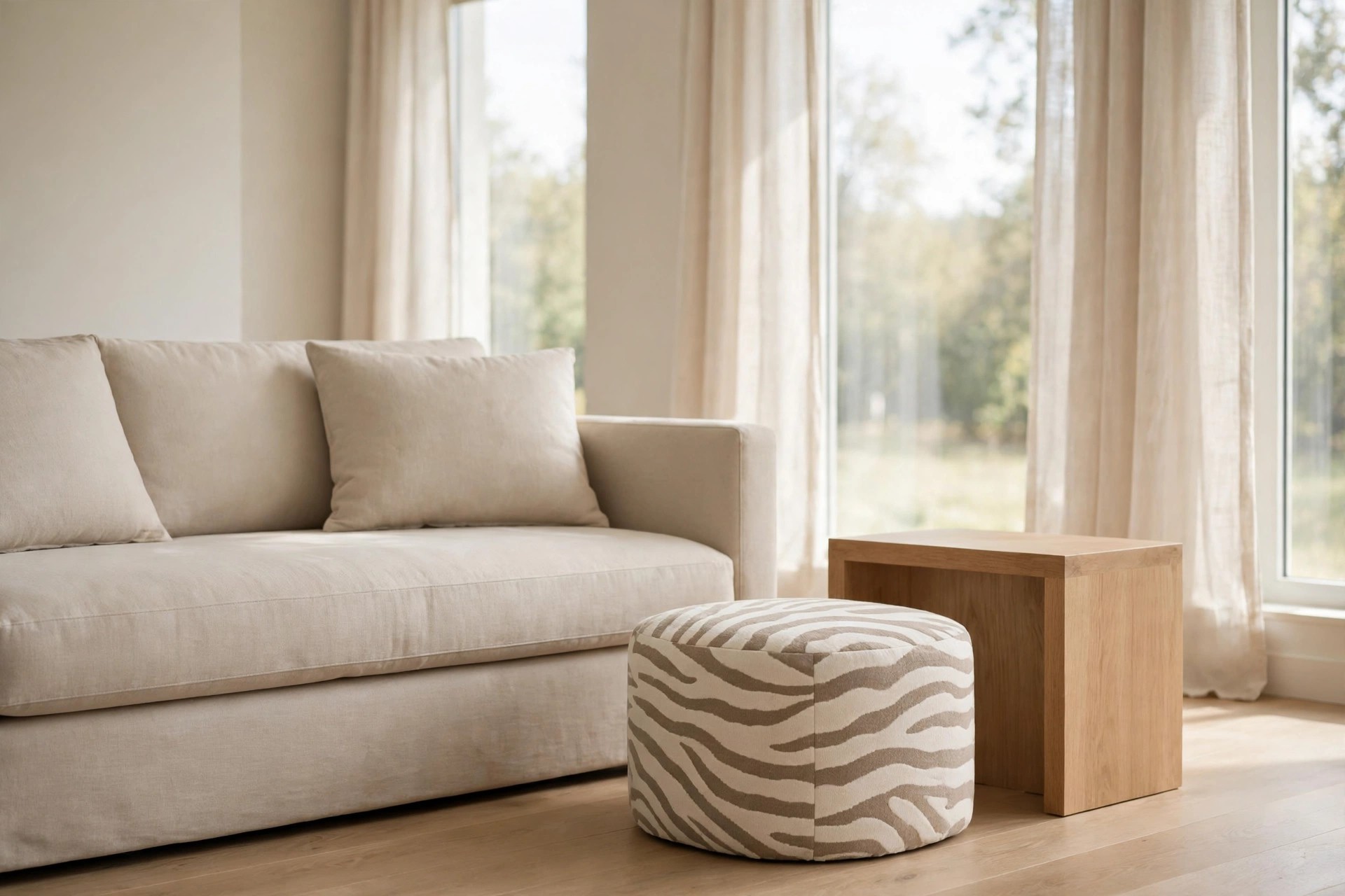Plain beige sofa beside a small round footstool with soft wavy zebra stripes in cream and taupe and a plain wood side table by tall windows