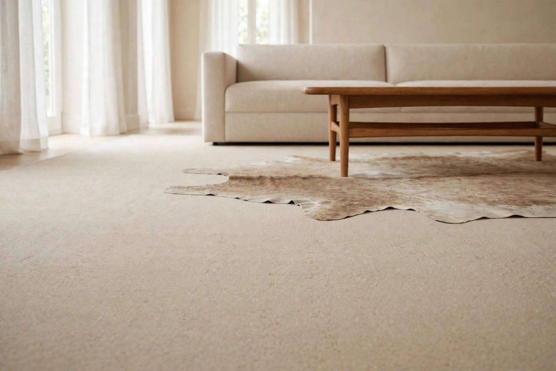 Low view of a plain beige rug with a faded beige and light brown hide shaped rug layered under a wood coffee table in front of a plain beige sofa