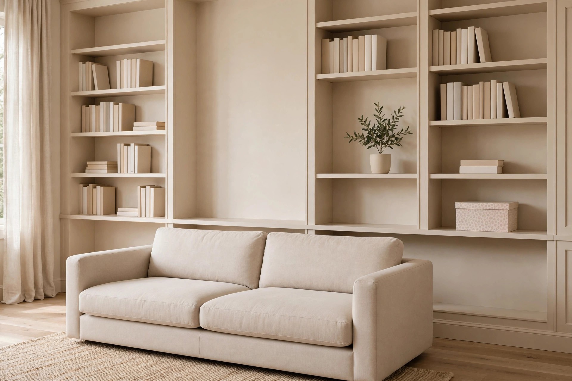 Beige sofa in front of built in shelves with plain books and a potted plant, with one small storage box with a faint spotted finish on a lower shelf