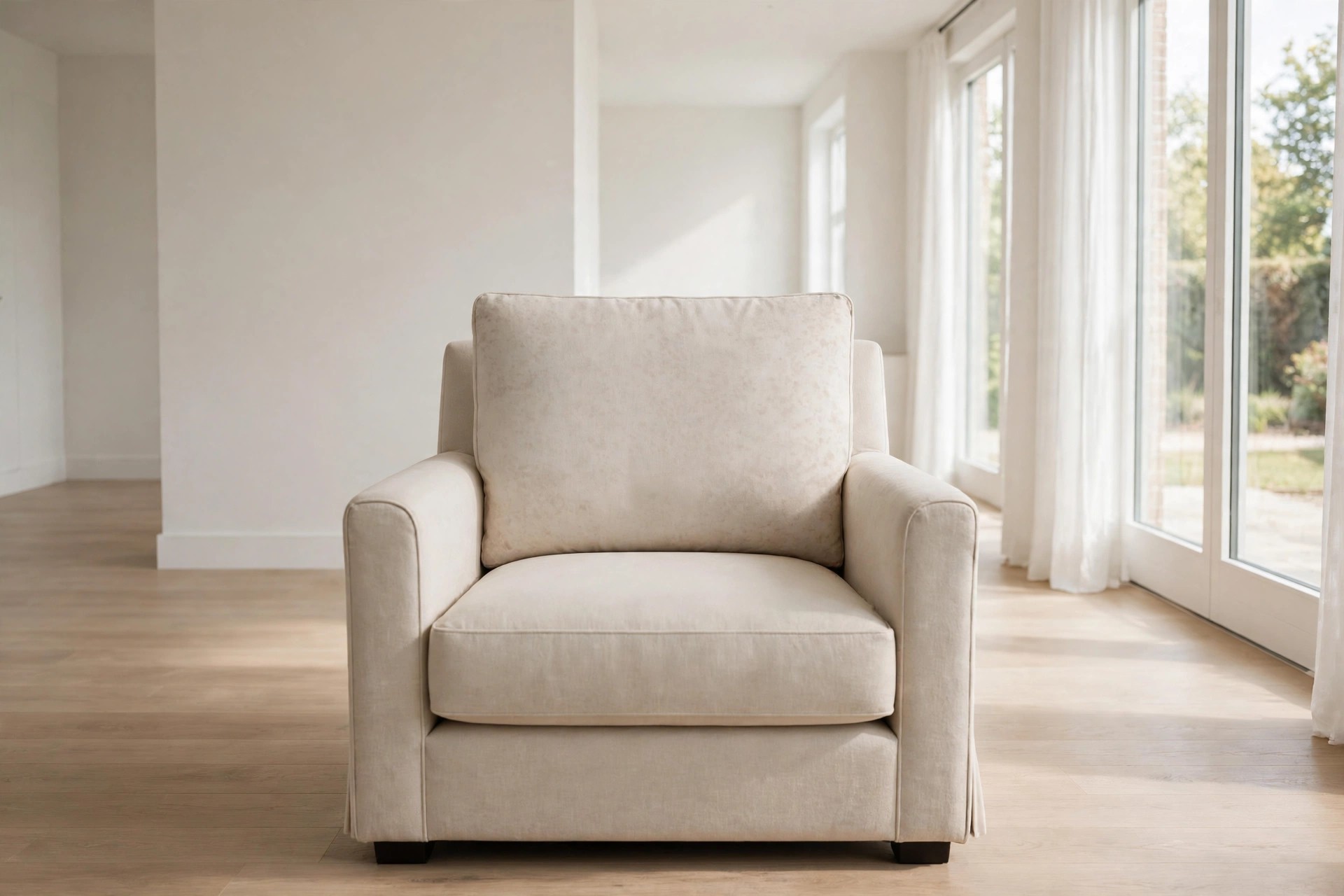 Front view of a plain beige armchair with a very faint mottled pattern on its back cushion only and a plain seat cushion, on a light wood floor by tall windows