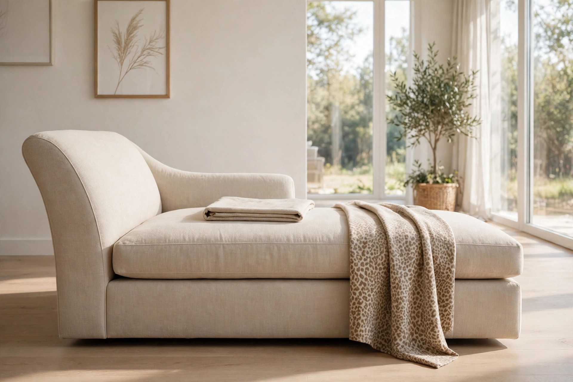 Beige chaise with a folded plain throw on the seat and a soft leopard print throw in beige and brown draped over the end
