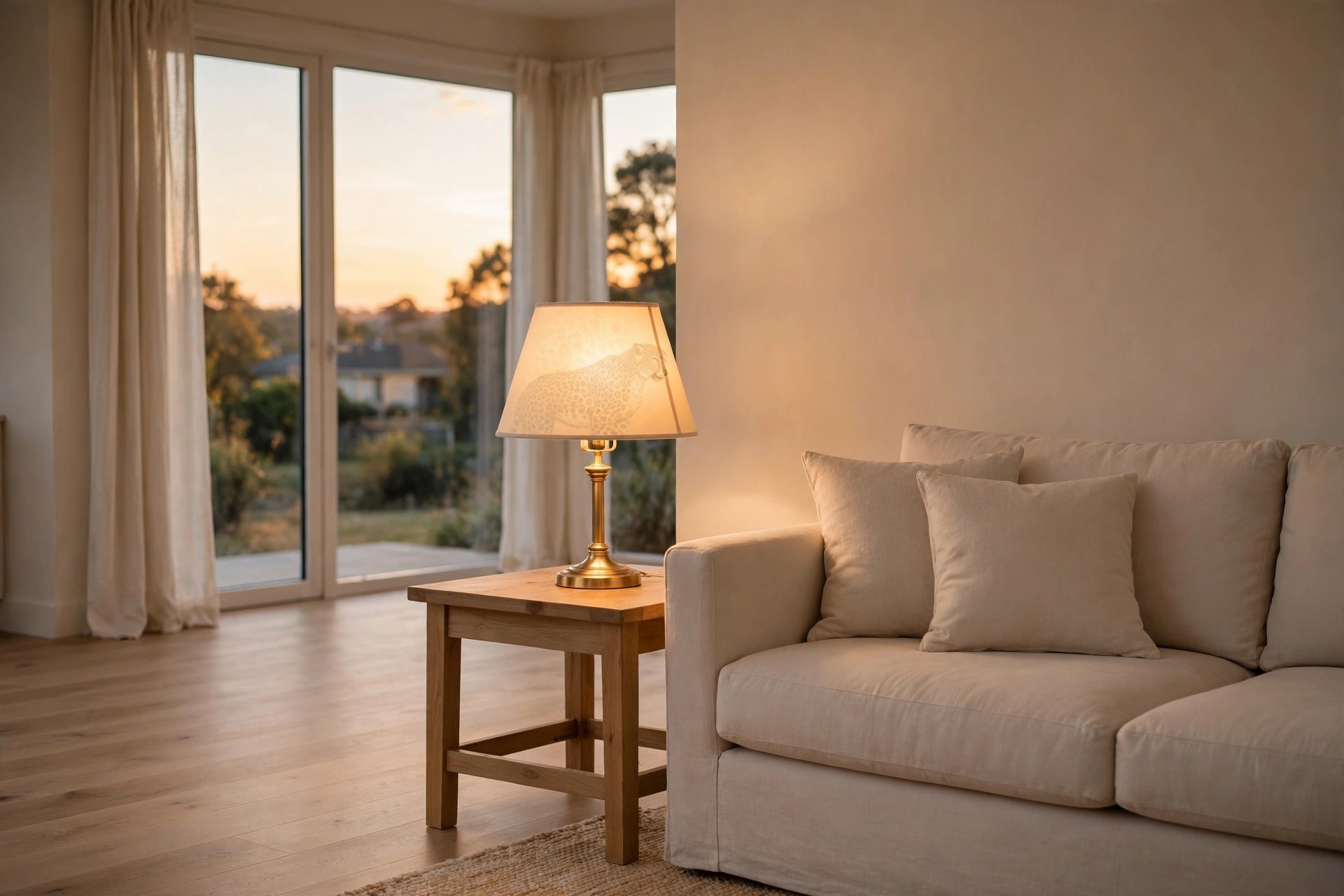 Lit table lamp with a cream shade showing a faint leopard silhouette on a wood side table beside a beige sofa with plain cushions at dusk
