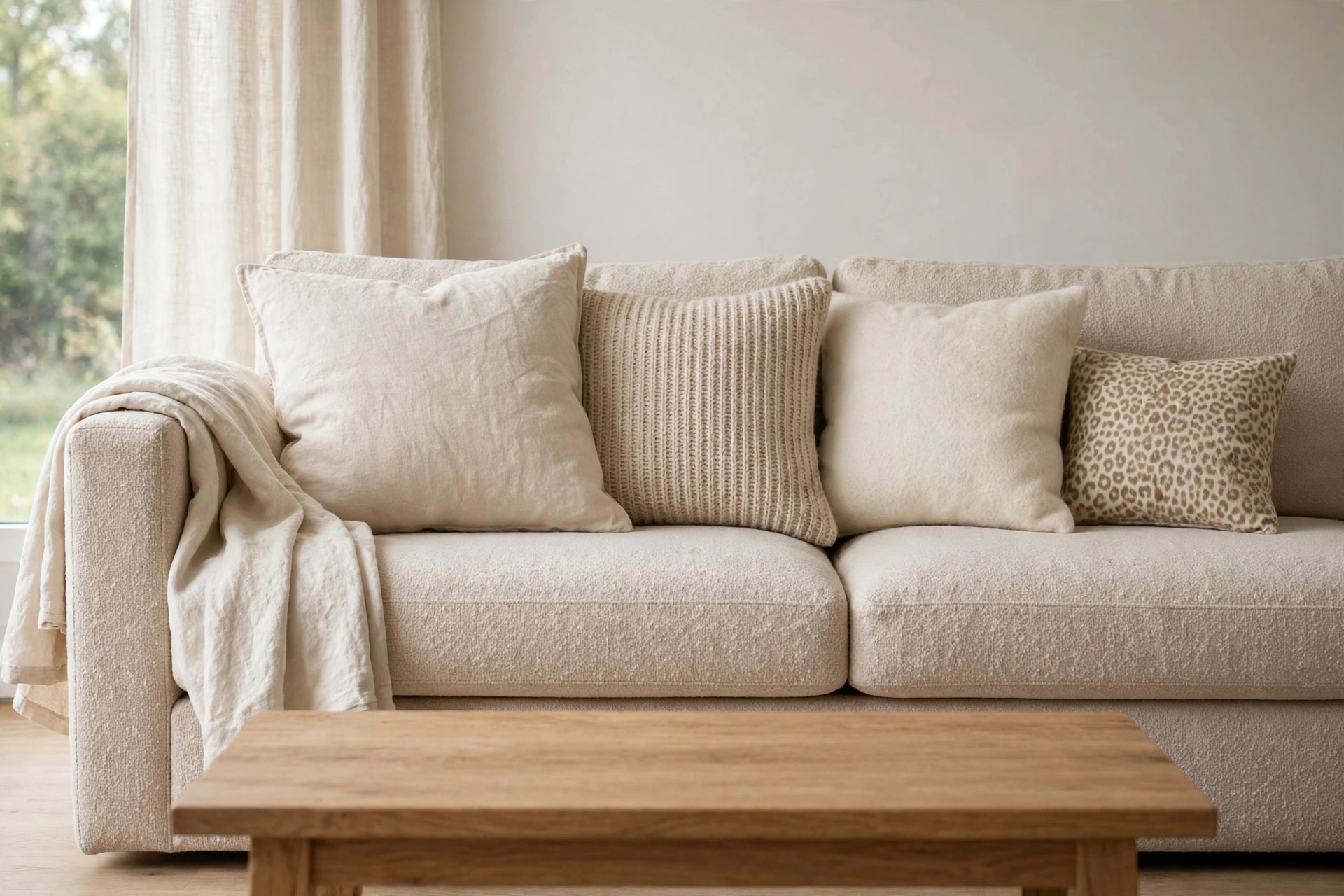 Beige boucle sofa with plain linen and ribbed cushions and a plain throw, with one small leopard print cushion at the right end behind a wood coffee table