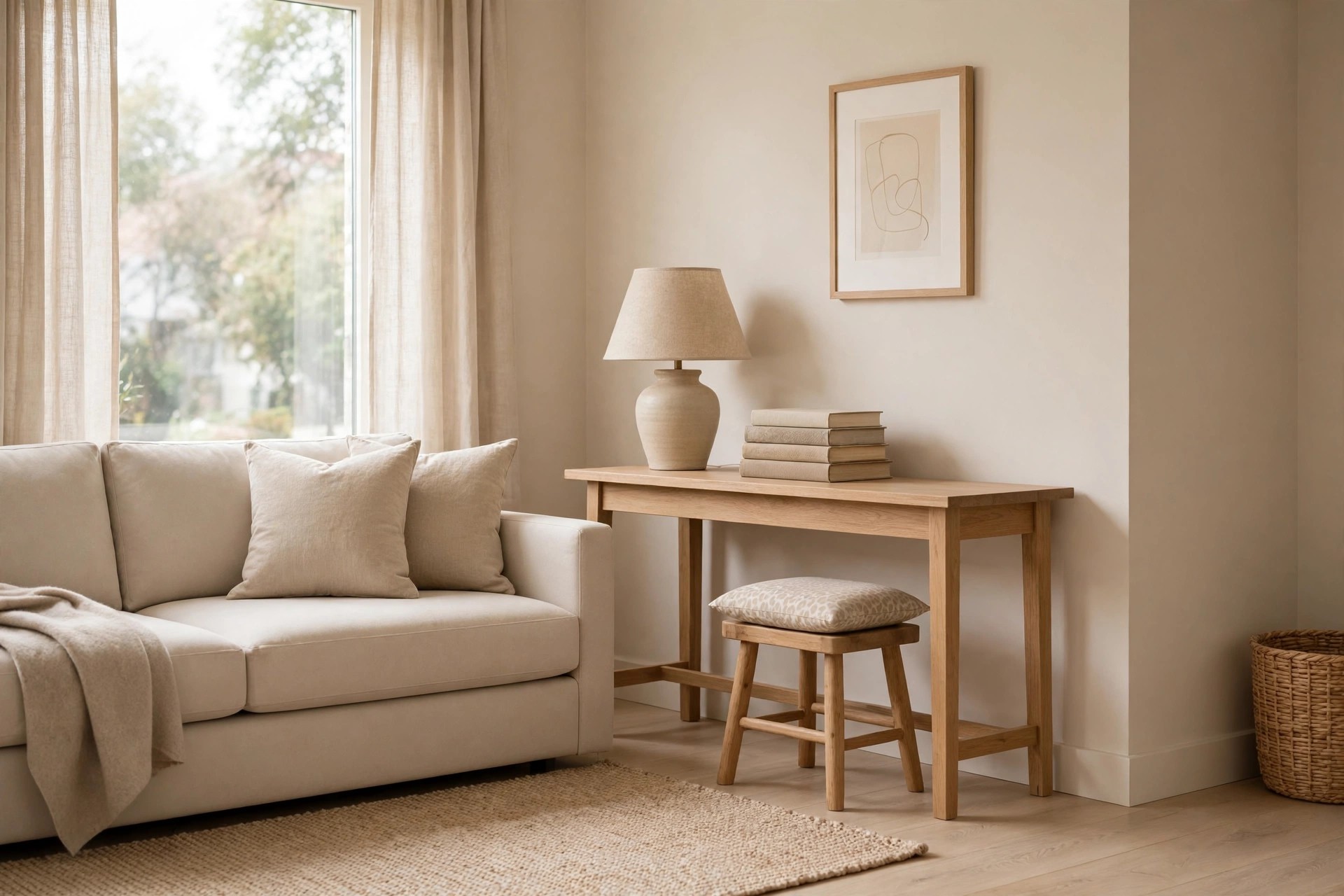 Beige sofa beside a light wood console table with a lamp and stacked books, with a small wood stool with a pale spotted cushion tucked underneath