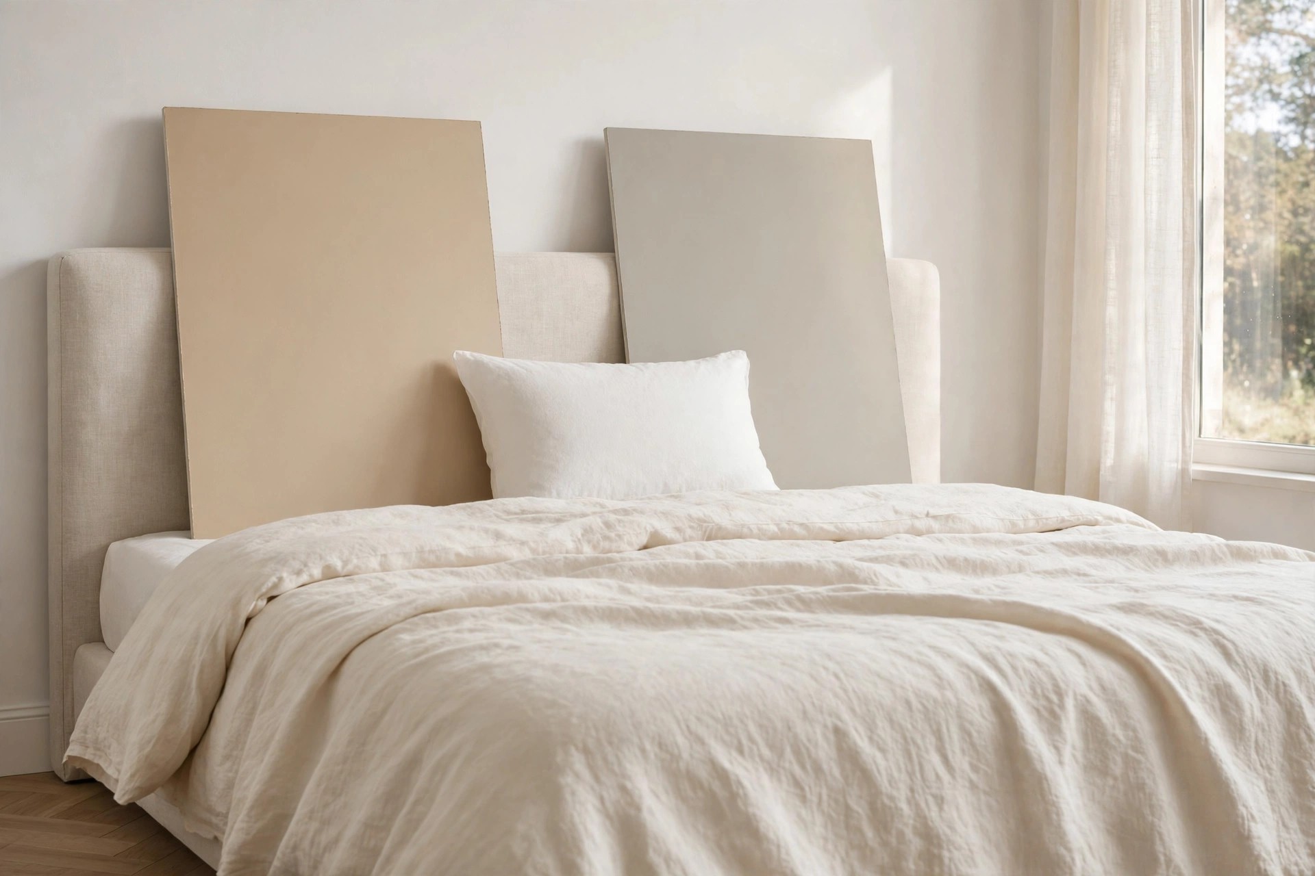 Two large paint boards on a cream bed, warm beige on the left and greige on the right, with a white pillow in front