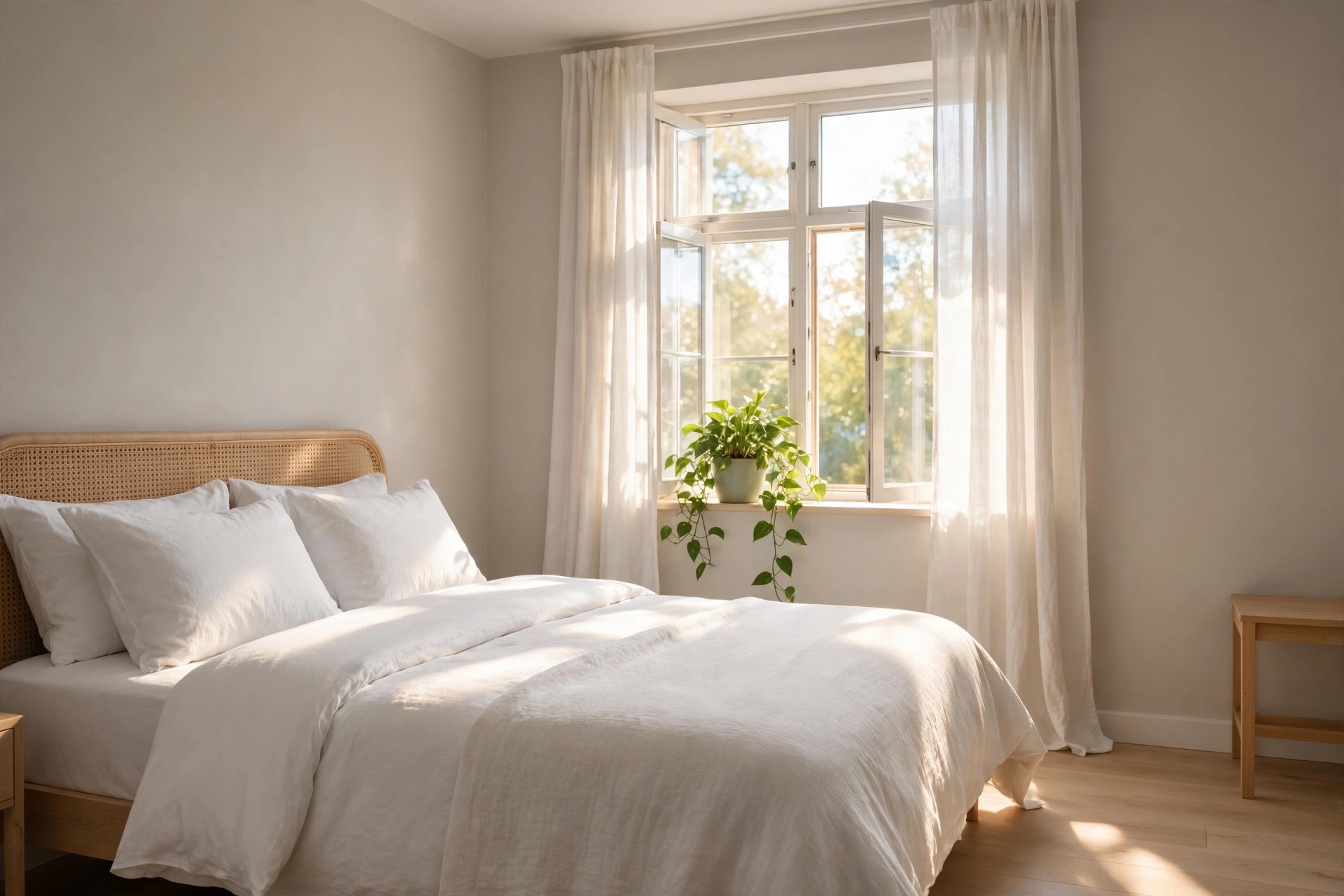 Bright sunlit bedroom with greige walls, white bedding, cane headboard and a green plant on the windowsill