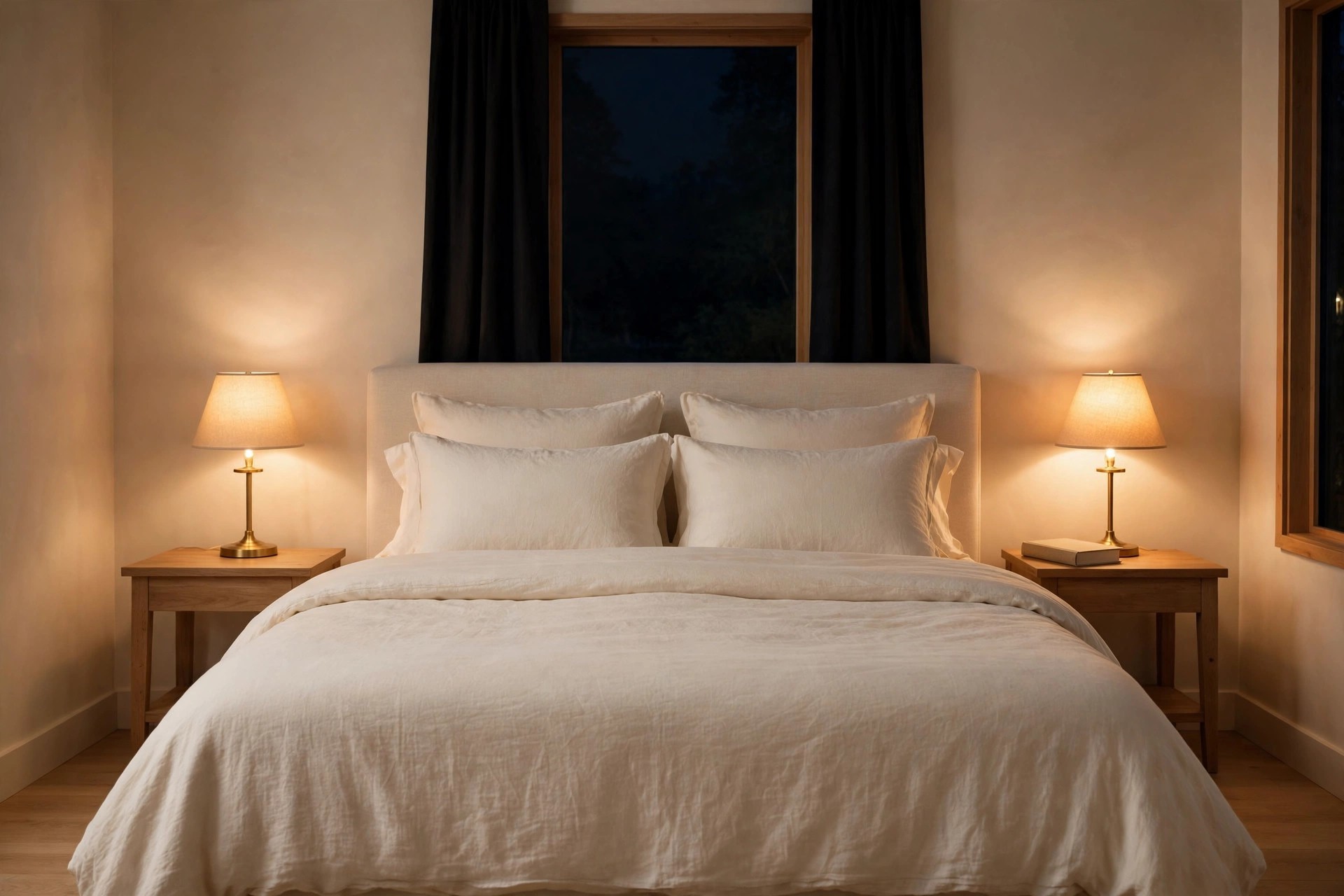Beige bedroom at night with two warm lamps lit on wood nightstands and cream bedding
