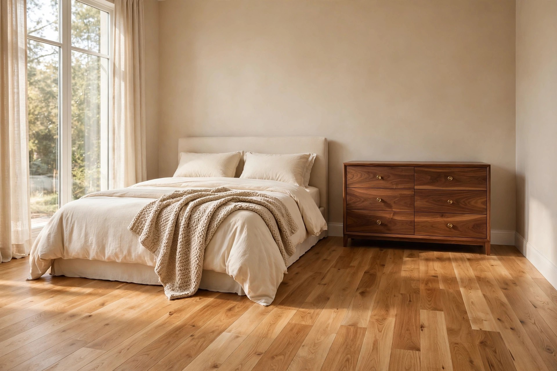 Beige bedroom with honey wood floor and a warm walnut dresser beside a cream bed with a knit throw