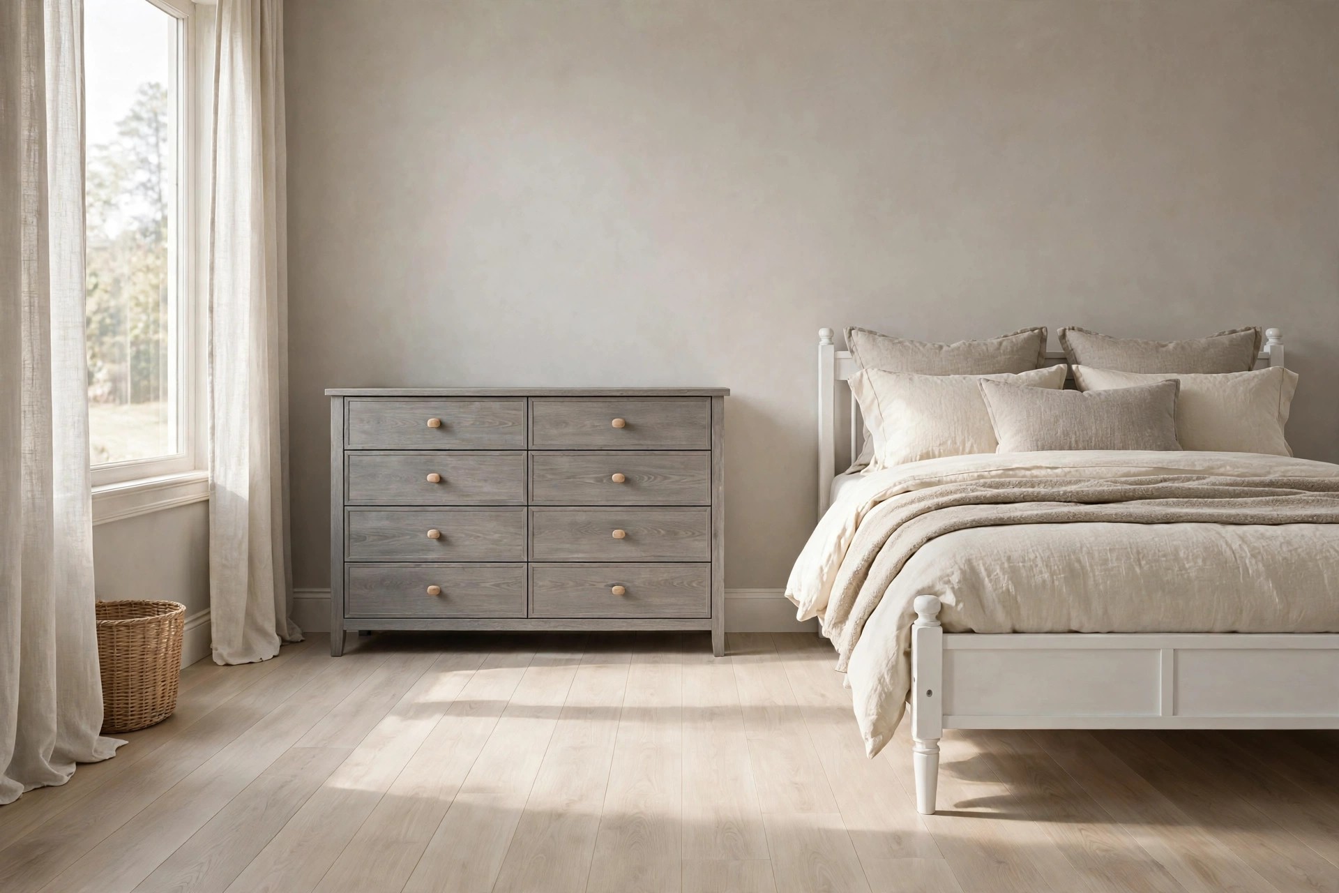 Greige bedroom with a gray washed dresser, white bed frame and cream and stone bedding on a pale ash floor