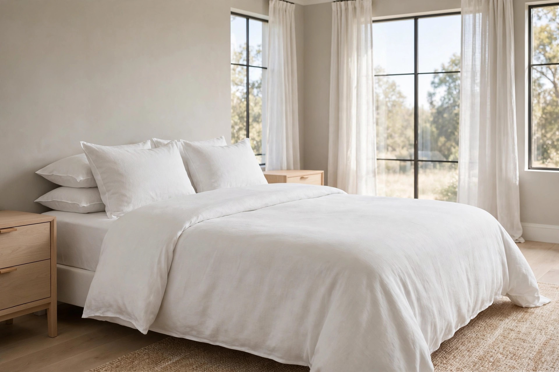 Greige bedroom with crisp white bedding and white pillows, light wood nightstands and tall sunny windows