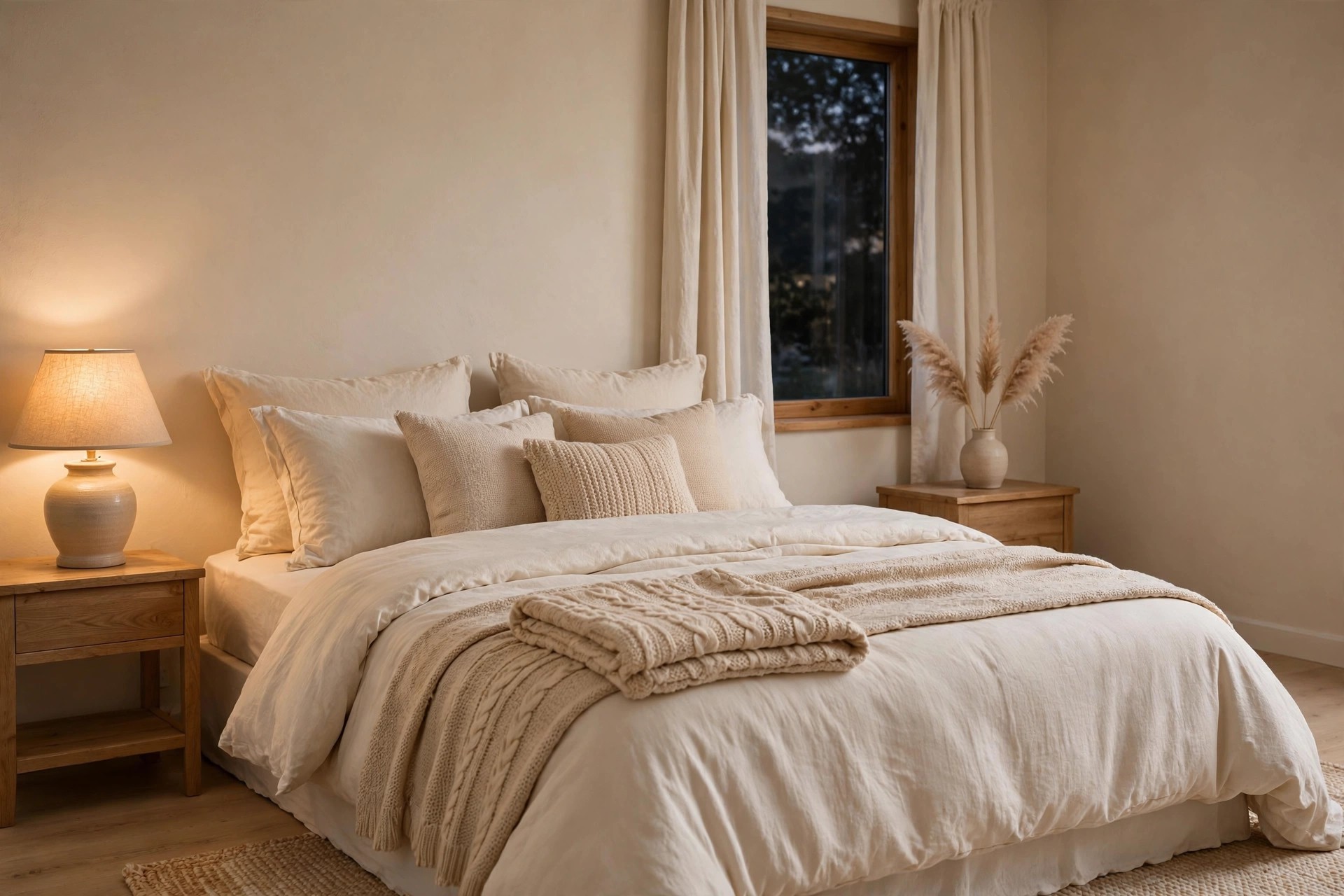 Cozy beige bedroom at dusk with a lit ceramic lamp, layered cream bedding and folded knit throws