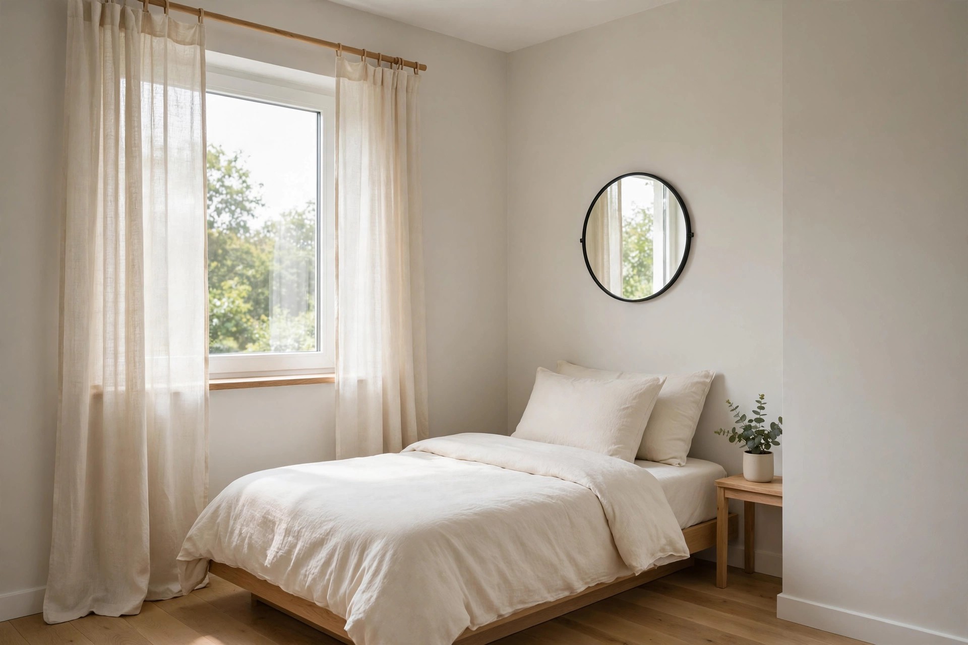 Small light greige bedroom with a low wood bed, cream bedding and a round mirror across from the window
