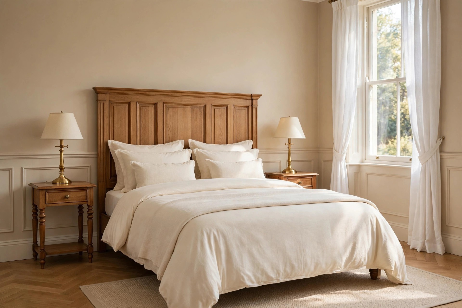 Classic beige bedroom with a tall paneled wood headboard, brass lamps and cream bedding