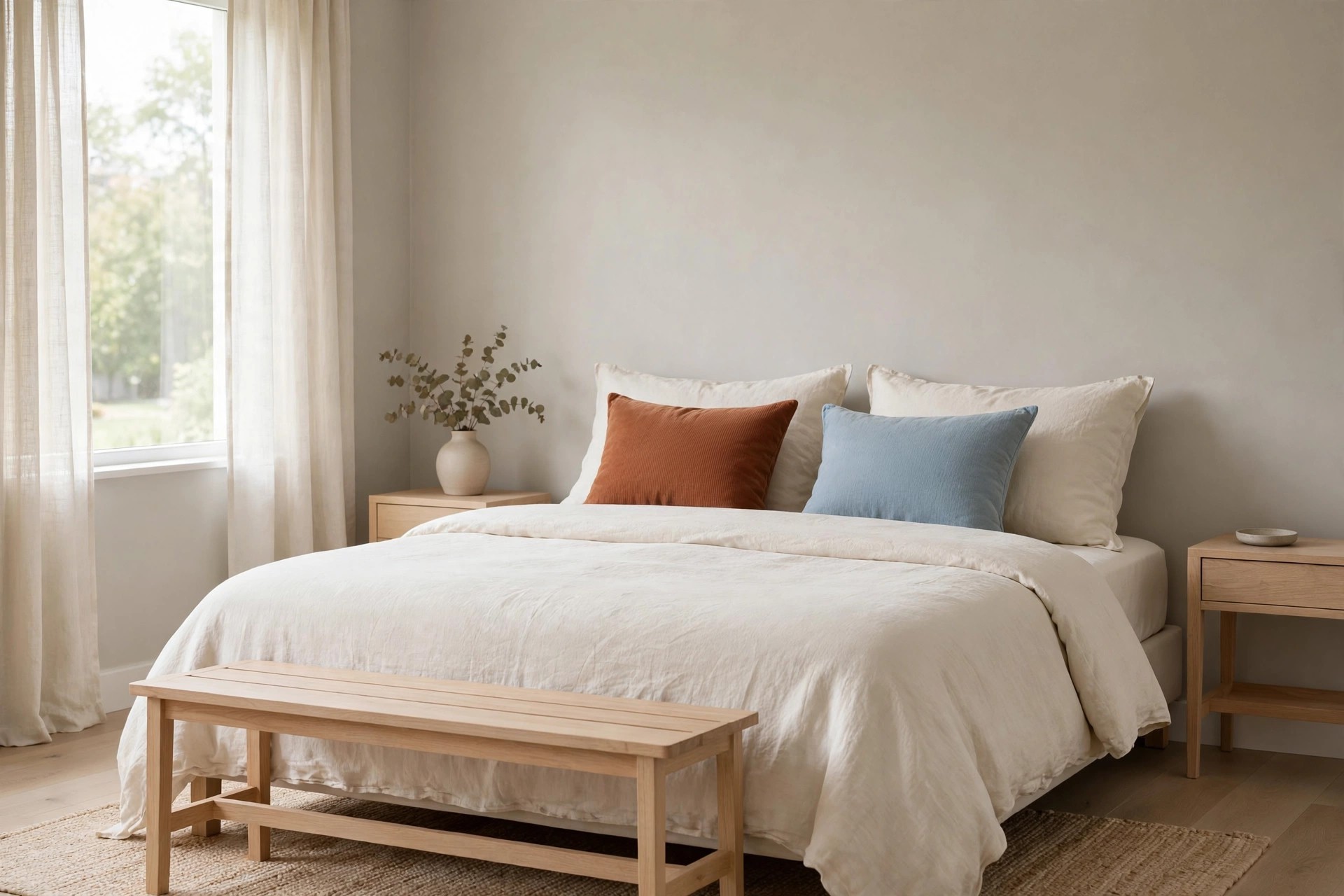 Greige bedroom with one rust cushion and one soft blue cushion on a cream bed and a wood bench at the foot