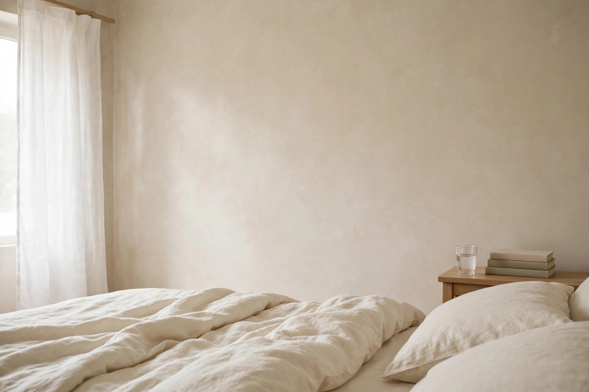 Close view of a beige bedroom wall in soft side light with a nightstand holding a water glass and a stack of books