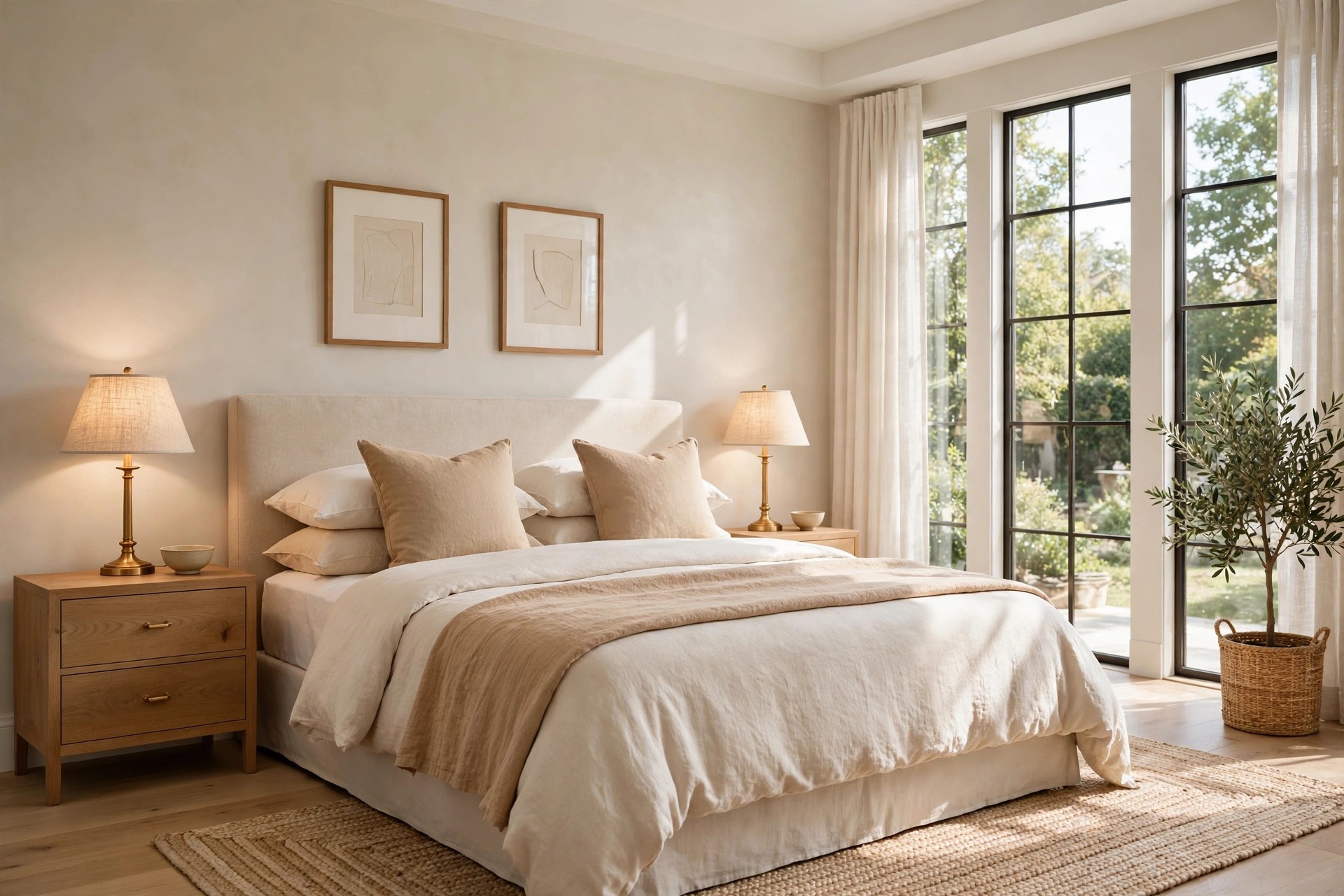 Shared bedroom with greige walls, two brass lamps, sand cushions on a cream bed and tall garden windows