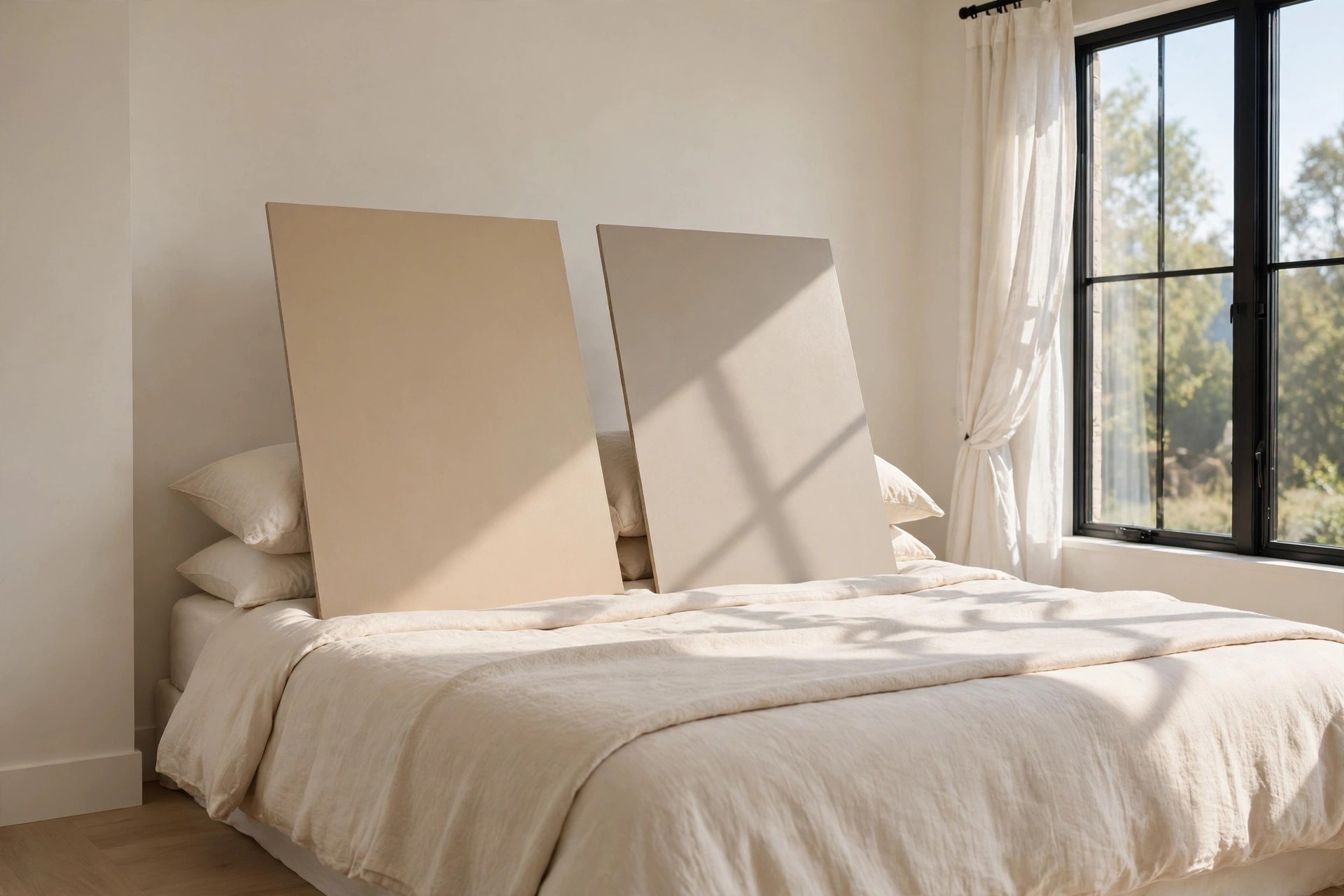 Two large test boards on a cream bed by a black framed window, warm beige on the left and greige on the right in daylight
