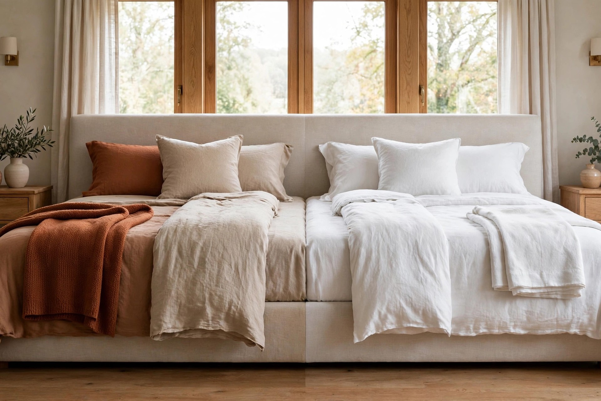 Wide bed styled warm on the left with beige and rust bedding and cool on the right with all white bedding